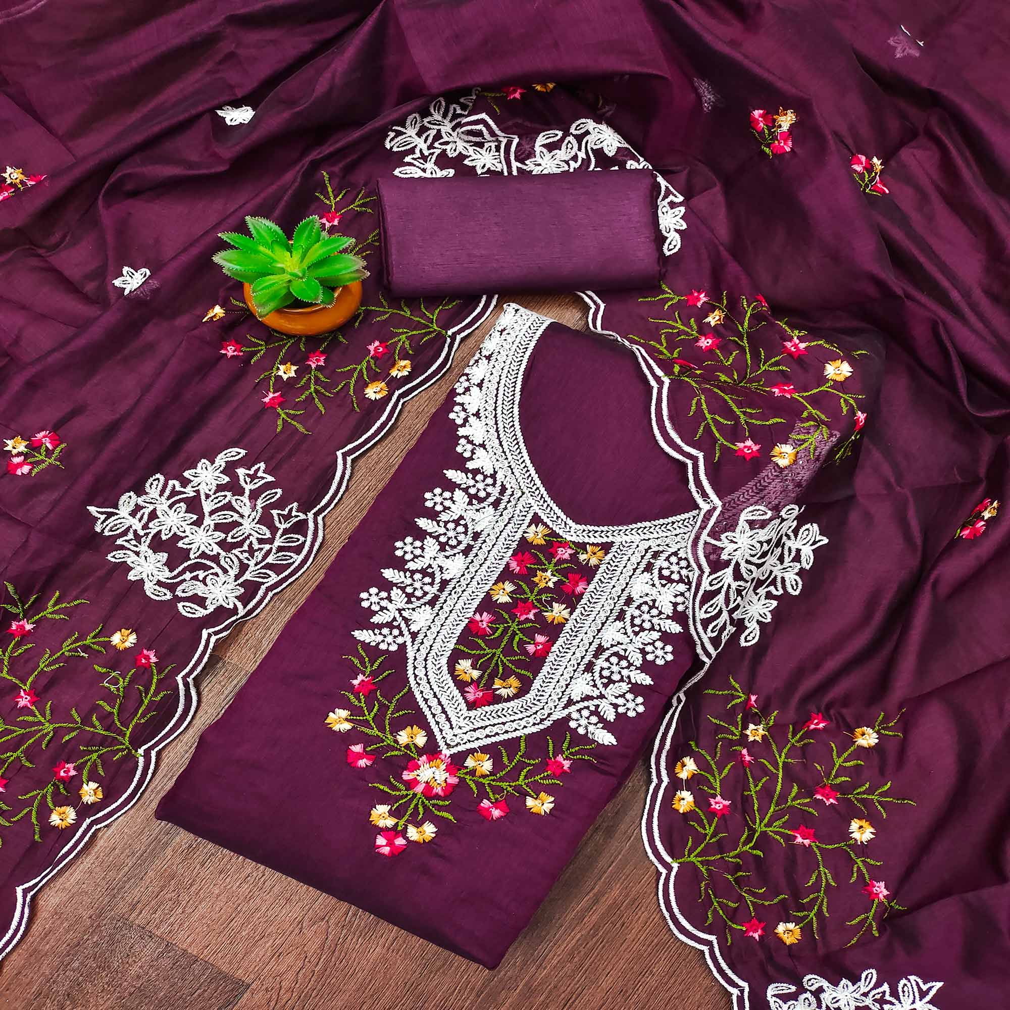Purple Floral Sequins Embroidered Chanderi Cotton Dress Material