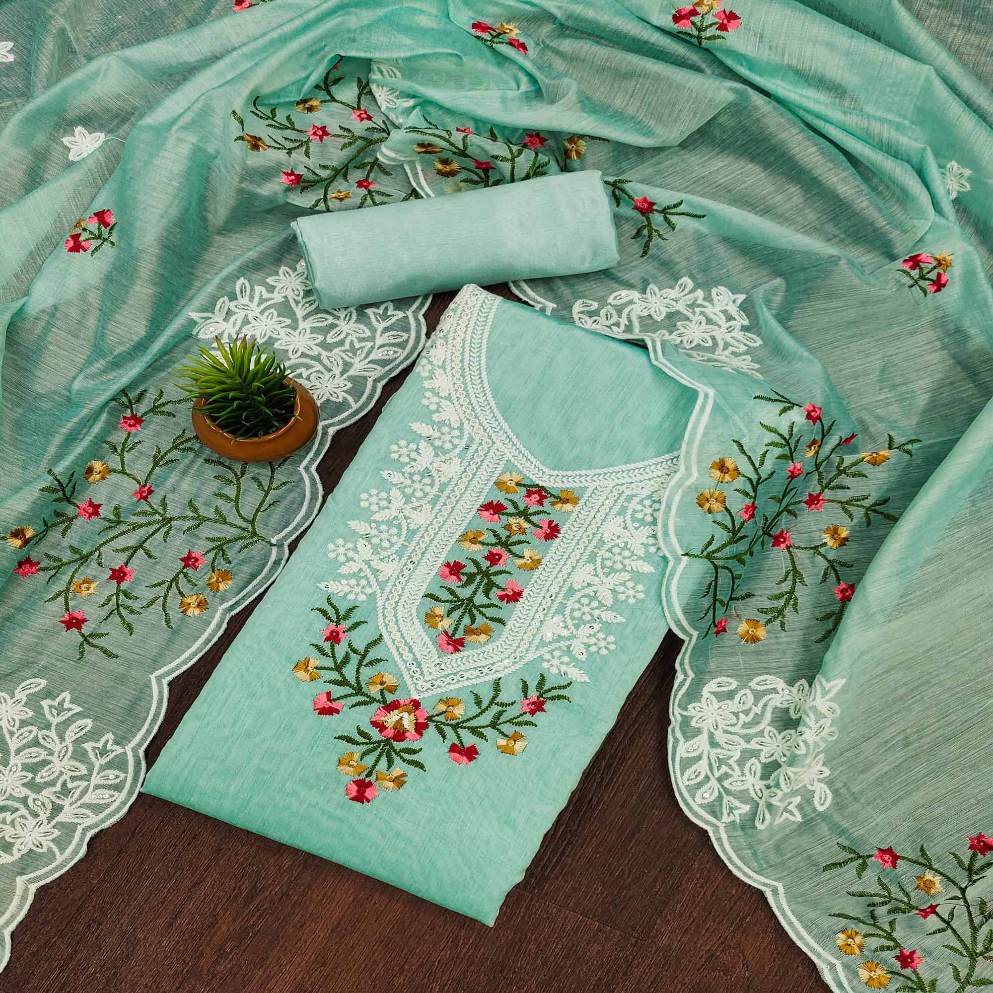 Turquoise Chanderi Cotton Dress Material With Elegant Floral Sequin Embroidery