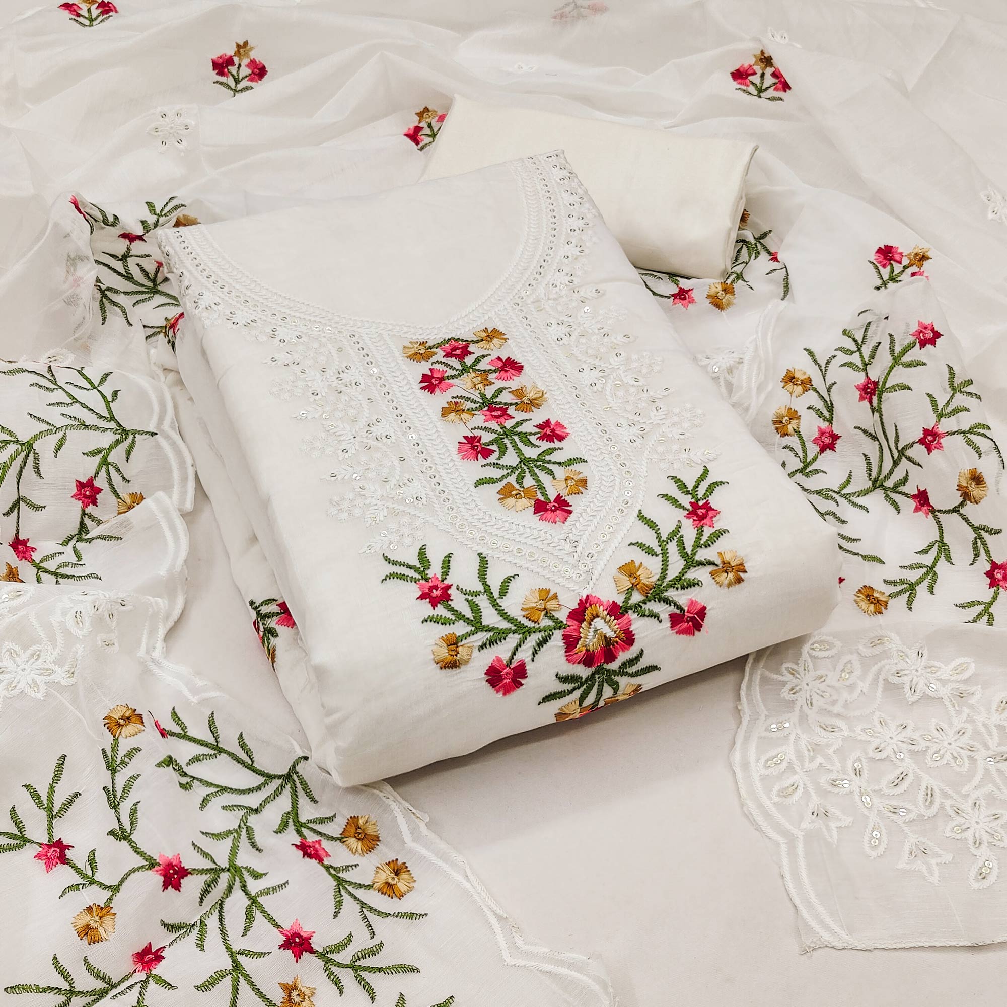 White Chanderi Cotton Dress Material With Elegant Floral Sequin Embroidery