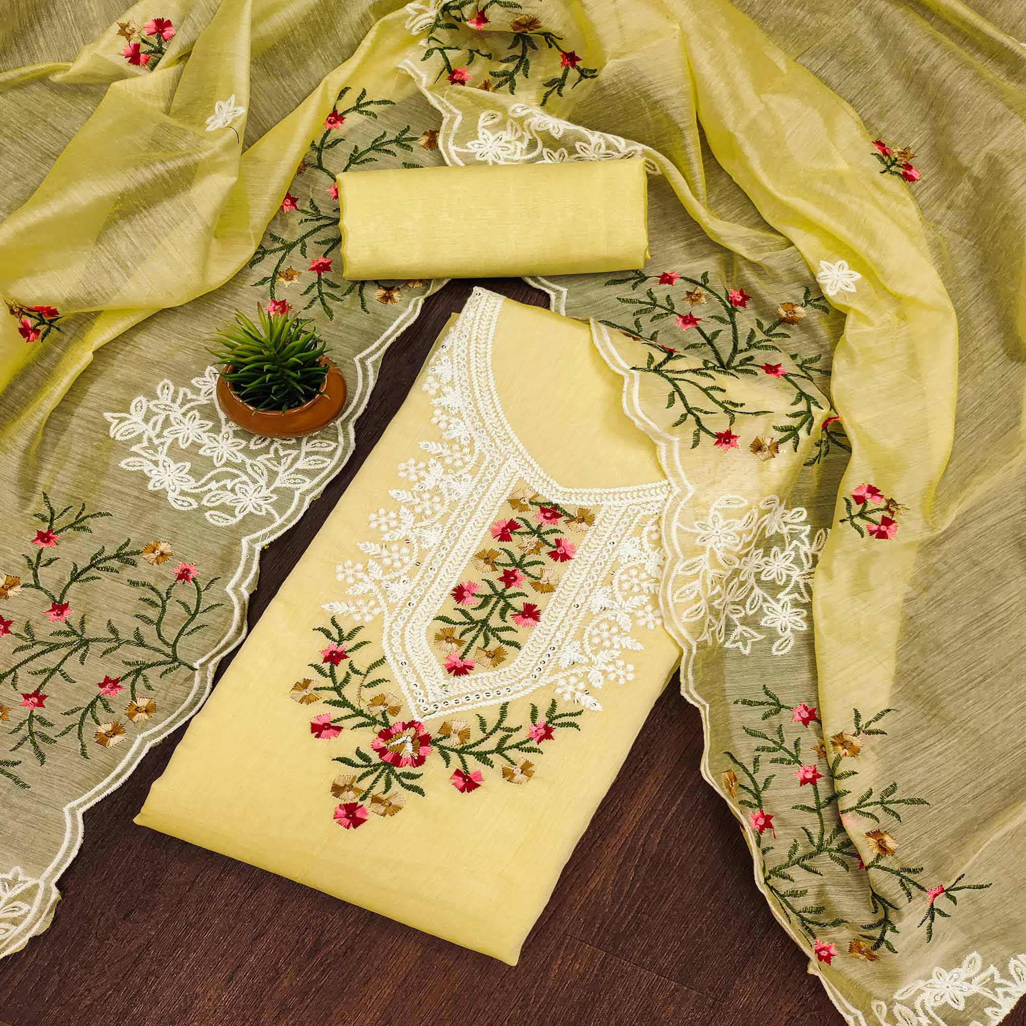 Yellow Chanderi Cotton Dress Material With Elegant Floral Sequin Embroidery