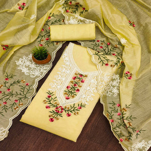 Yellow Chanderi Cotton Dress Material With Elegant Floral Sequin Embroidery