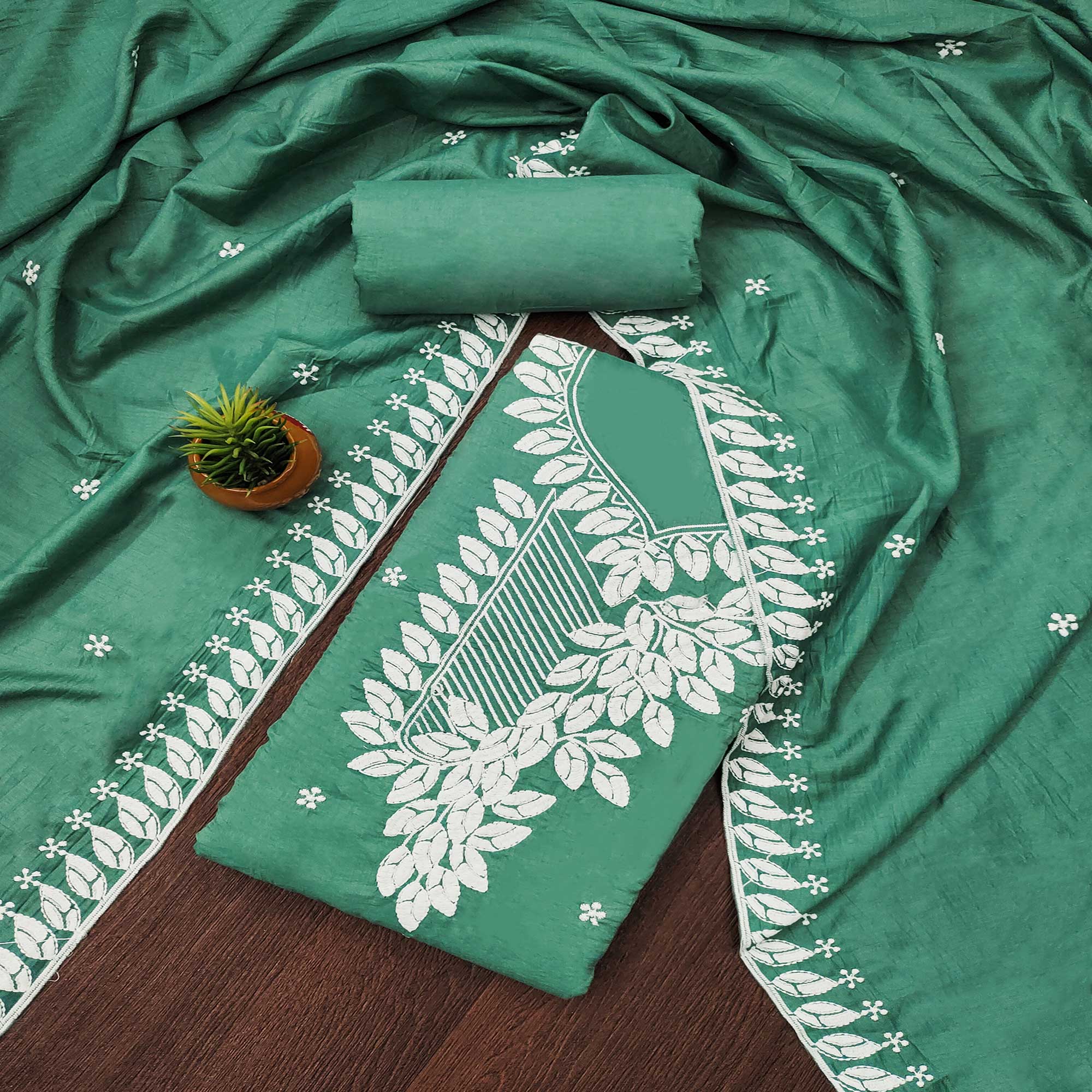Green - Jacquard Embroidered Cotton 3pc Unstitched Dress Material 59