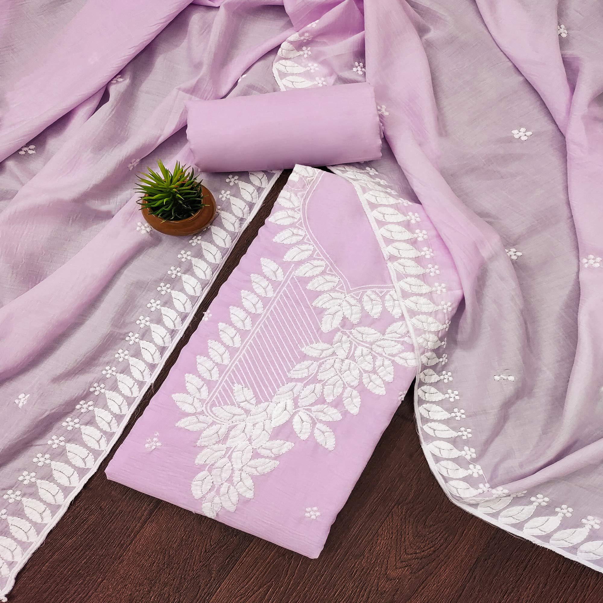 Light Lavender Floral Embroidered Cotton Blend Dress Material