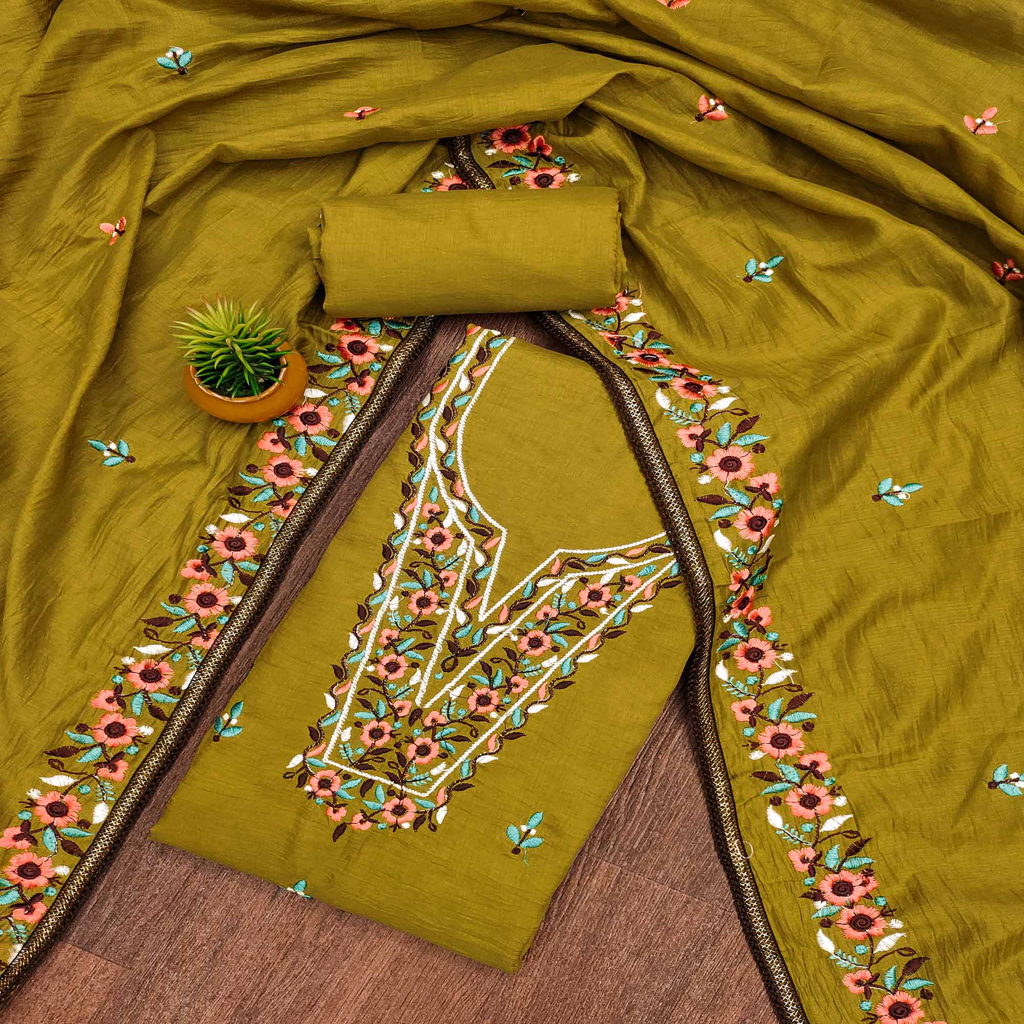 Mehendi Green Floral Embroidered Cotton Blend Dress Material