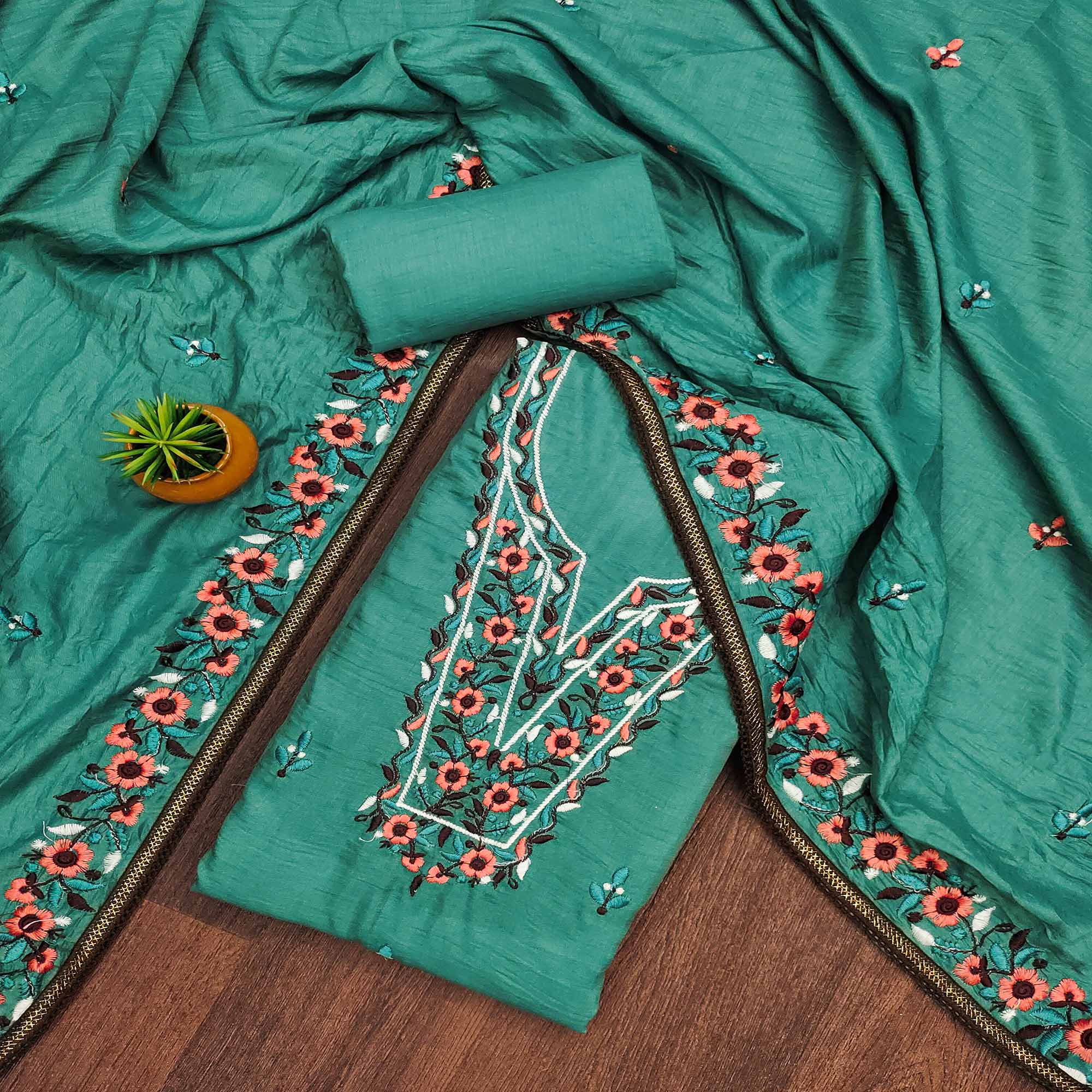 Rama Green Floral Embroidered Cotton Blend Dress Material