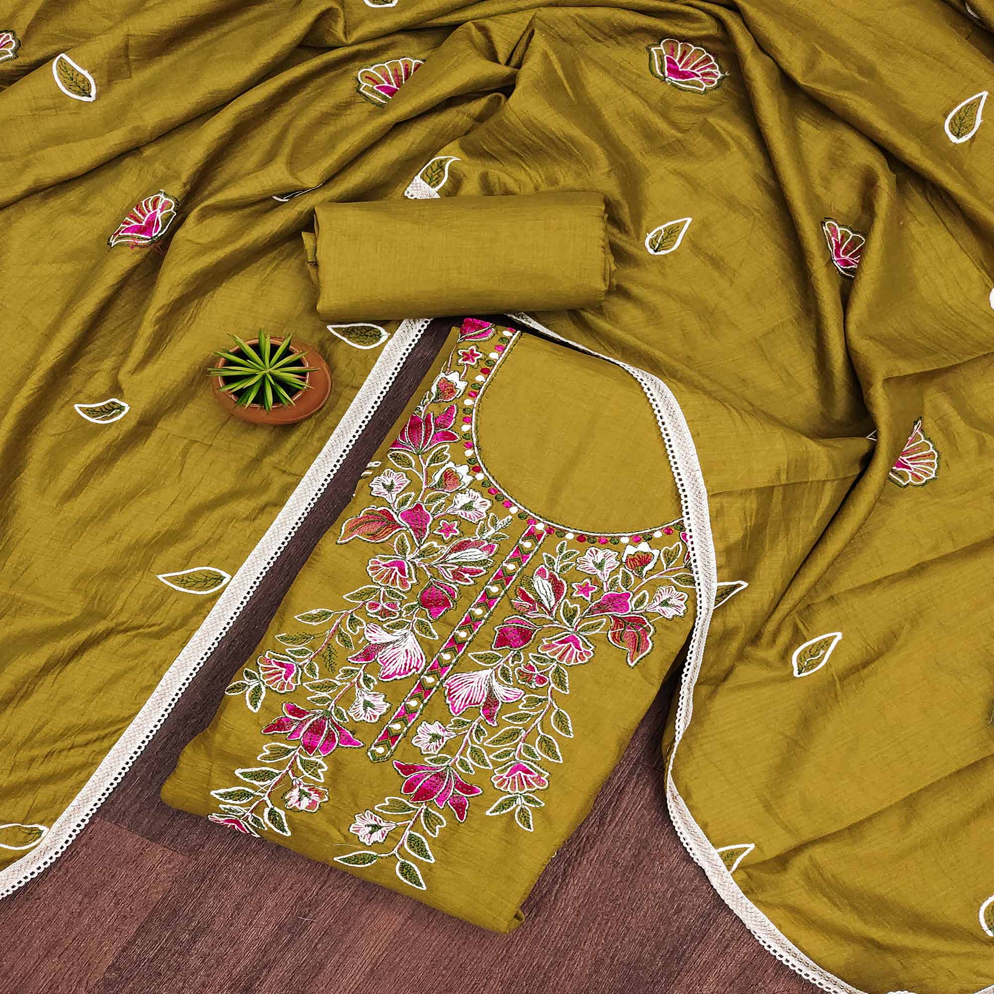 Mehendi Green Floral Embroidered Cotton Blend Dress Material