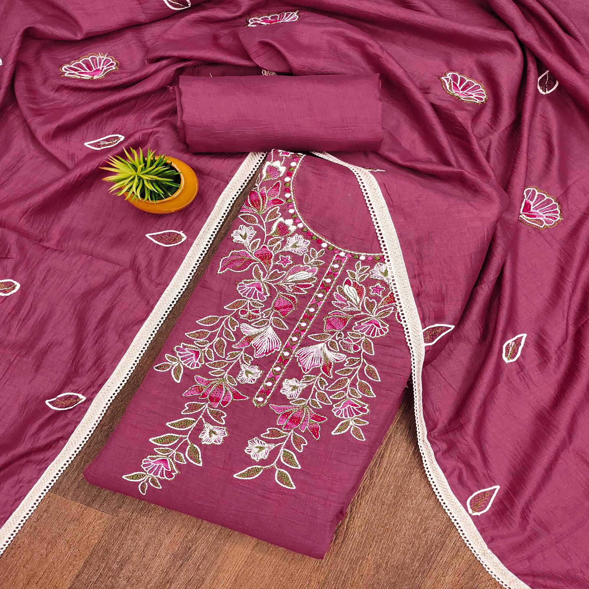 Pink Floral Embroidered Cotton Blend Dress Material