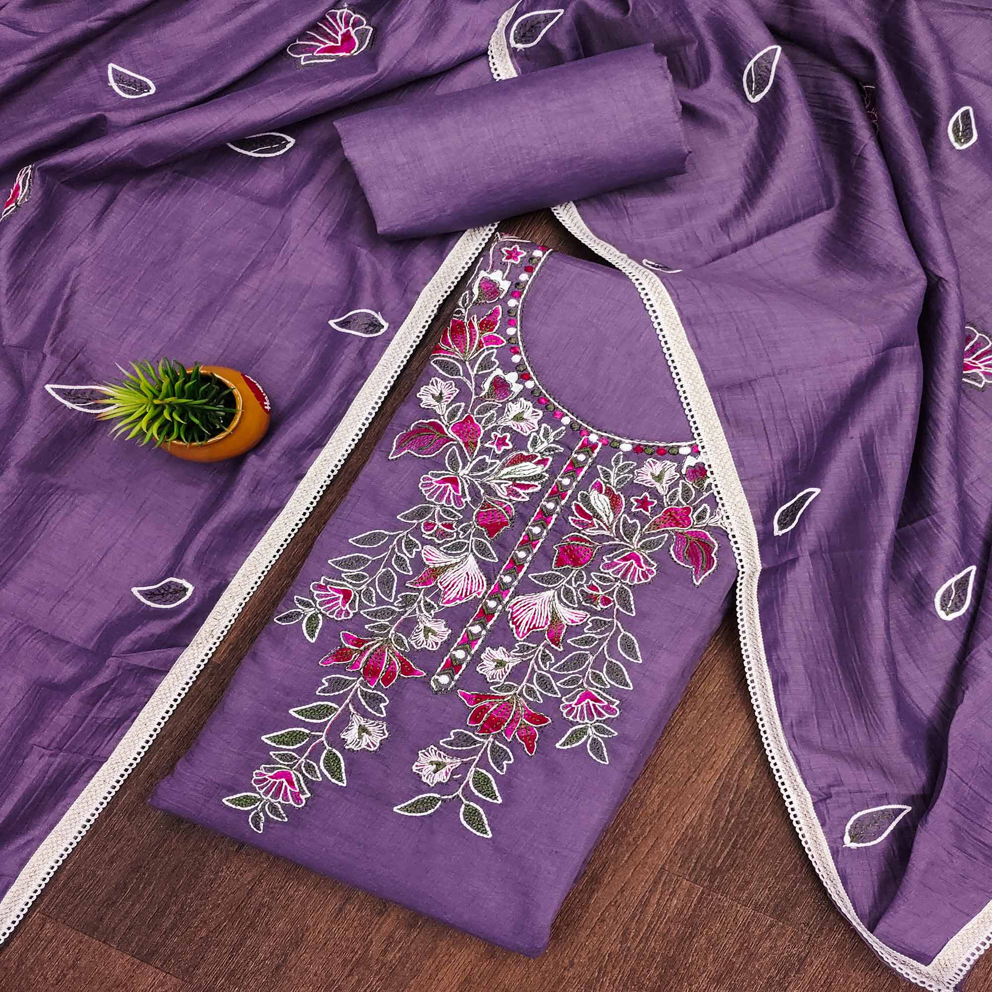 Purple Floral Embroidered Cotton Blend Dress Material