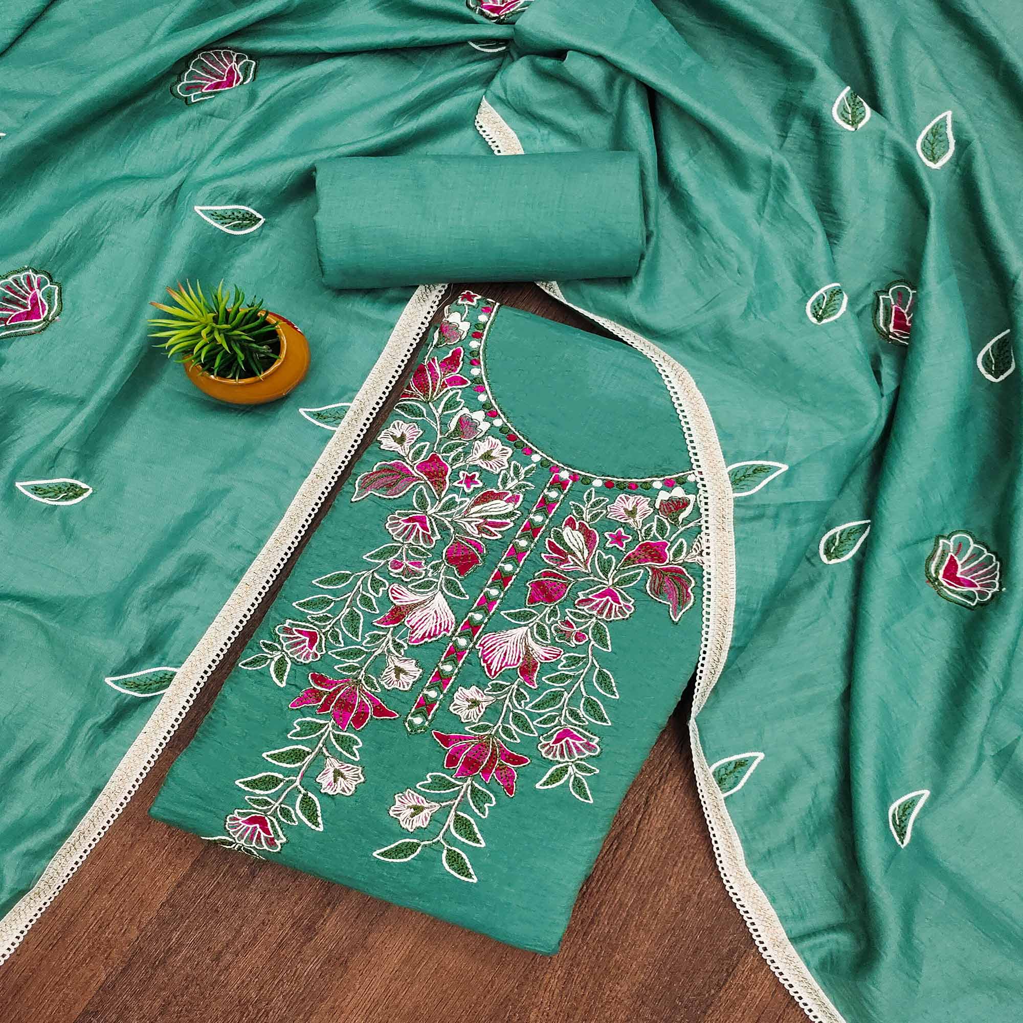 Rama Green Floral Embroidered Cotton Blend Dress Material