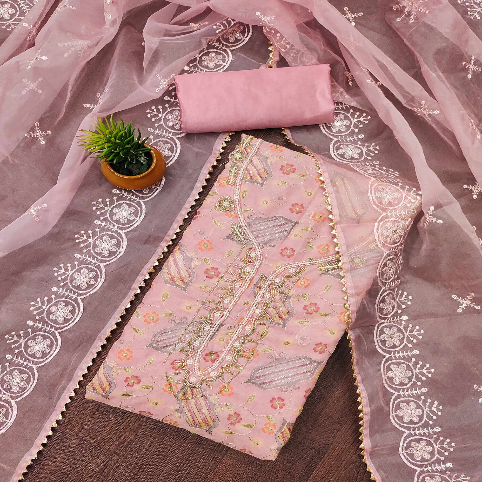 Pink Floral Embroidered With Handwork Organza Dress Material