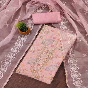 Pink Floral Embroidered With Handwork Organza Dress Material