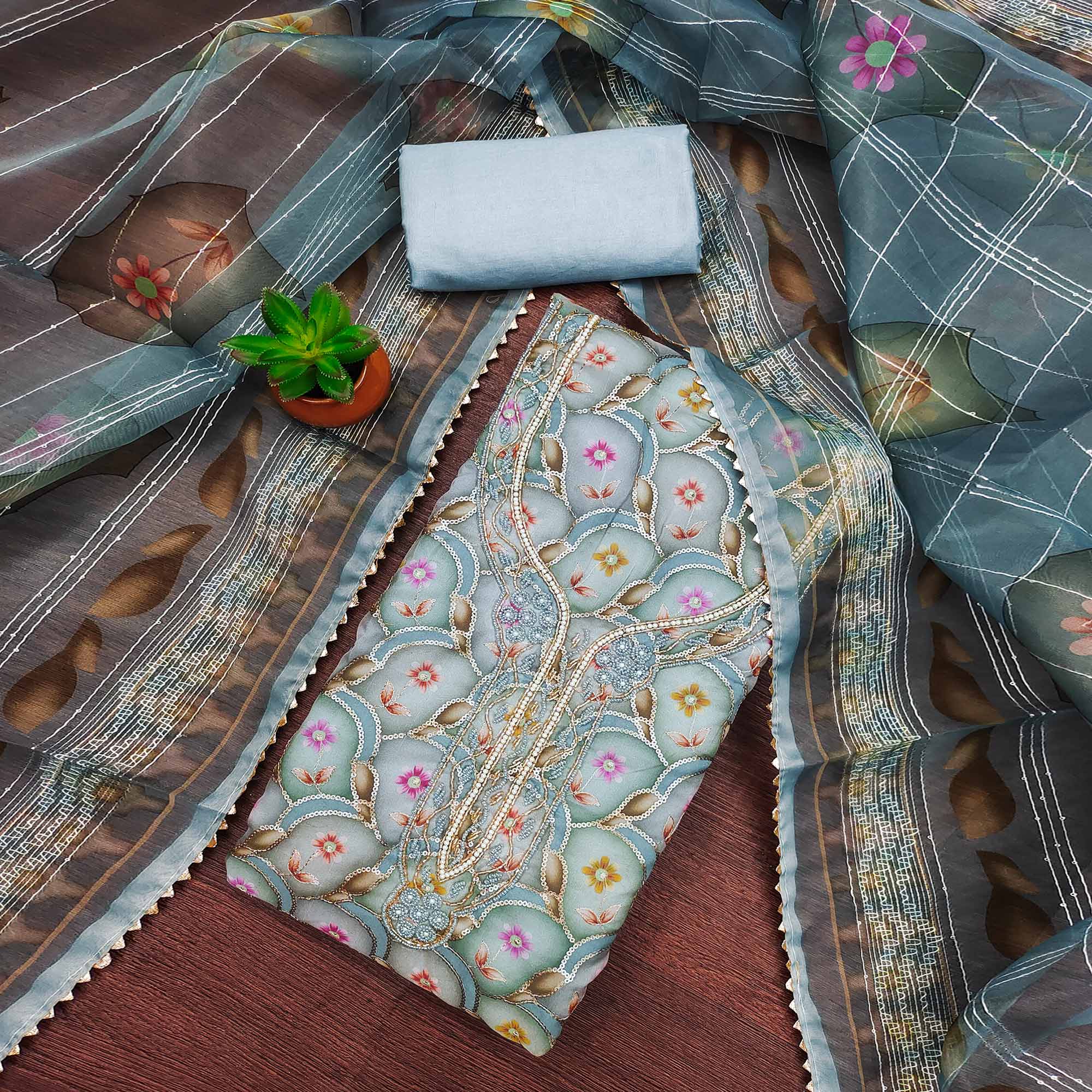 Blue Floral Printed Organza Dress Material With Sequins Embroidery & Handwork