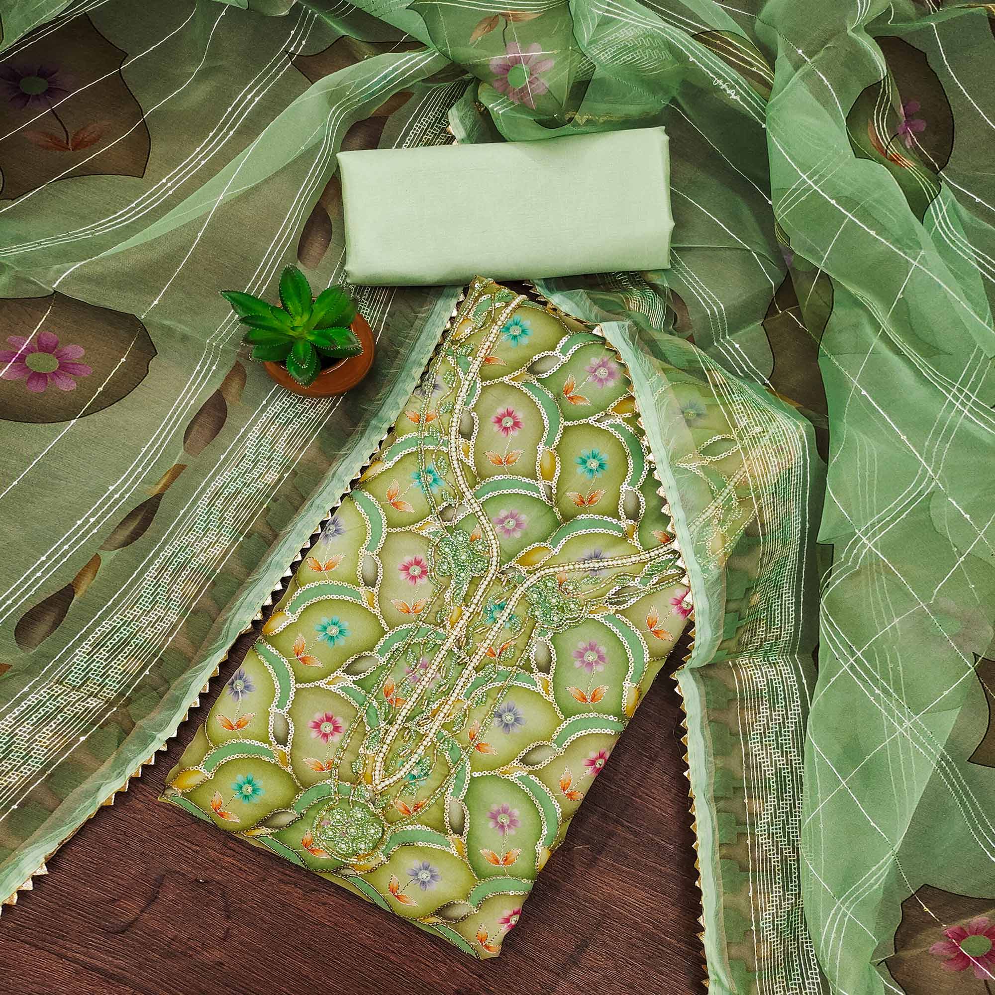 Green Floral Printed Organza Dress Material With Sequins Embroidery & Handwork