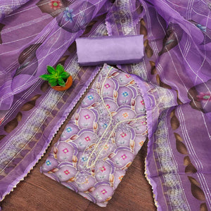 Lavender Floral Printed Organza Dress Material With Sequins Embroidery & Handwork