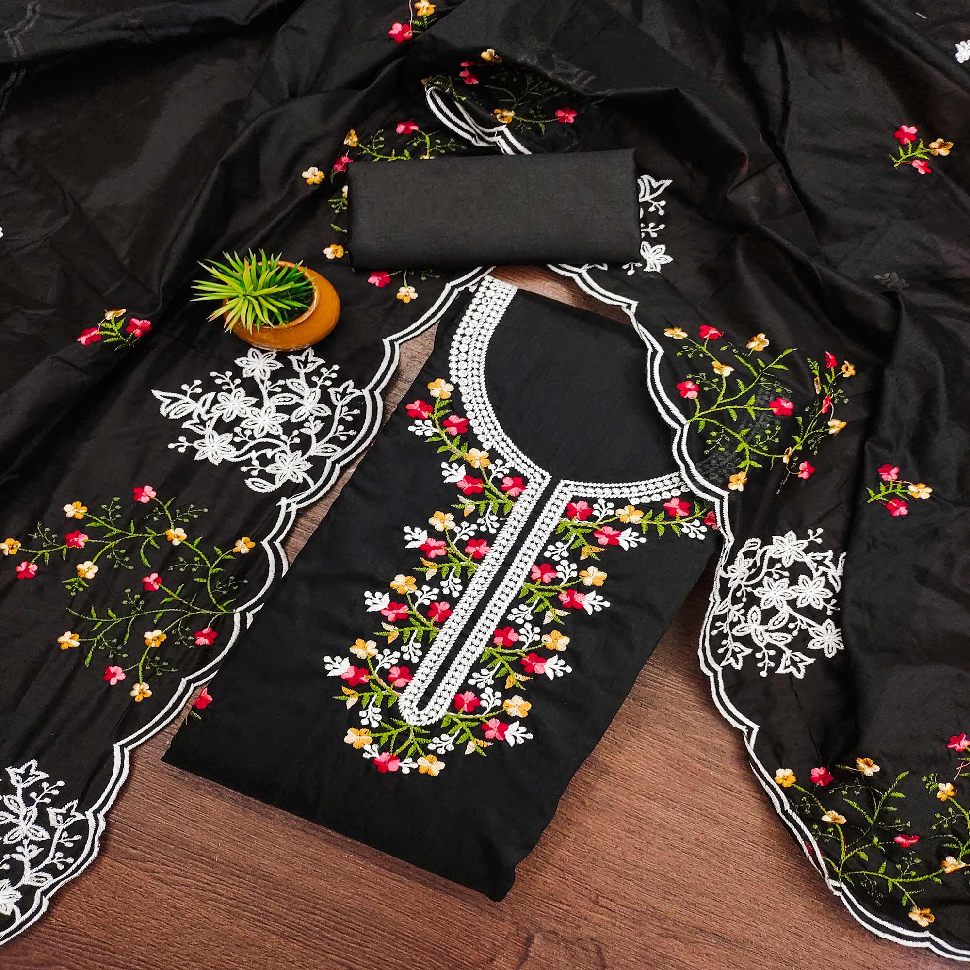 Black Floral Embroidered Chanderi Cotton Dress Material