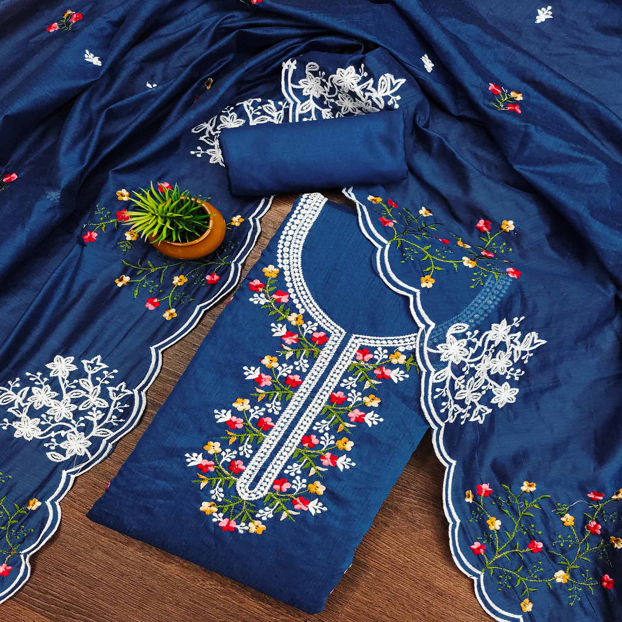 Blue Floral Embroidered Chanderi Cotton Dress Material