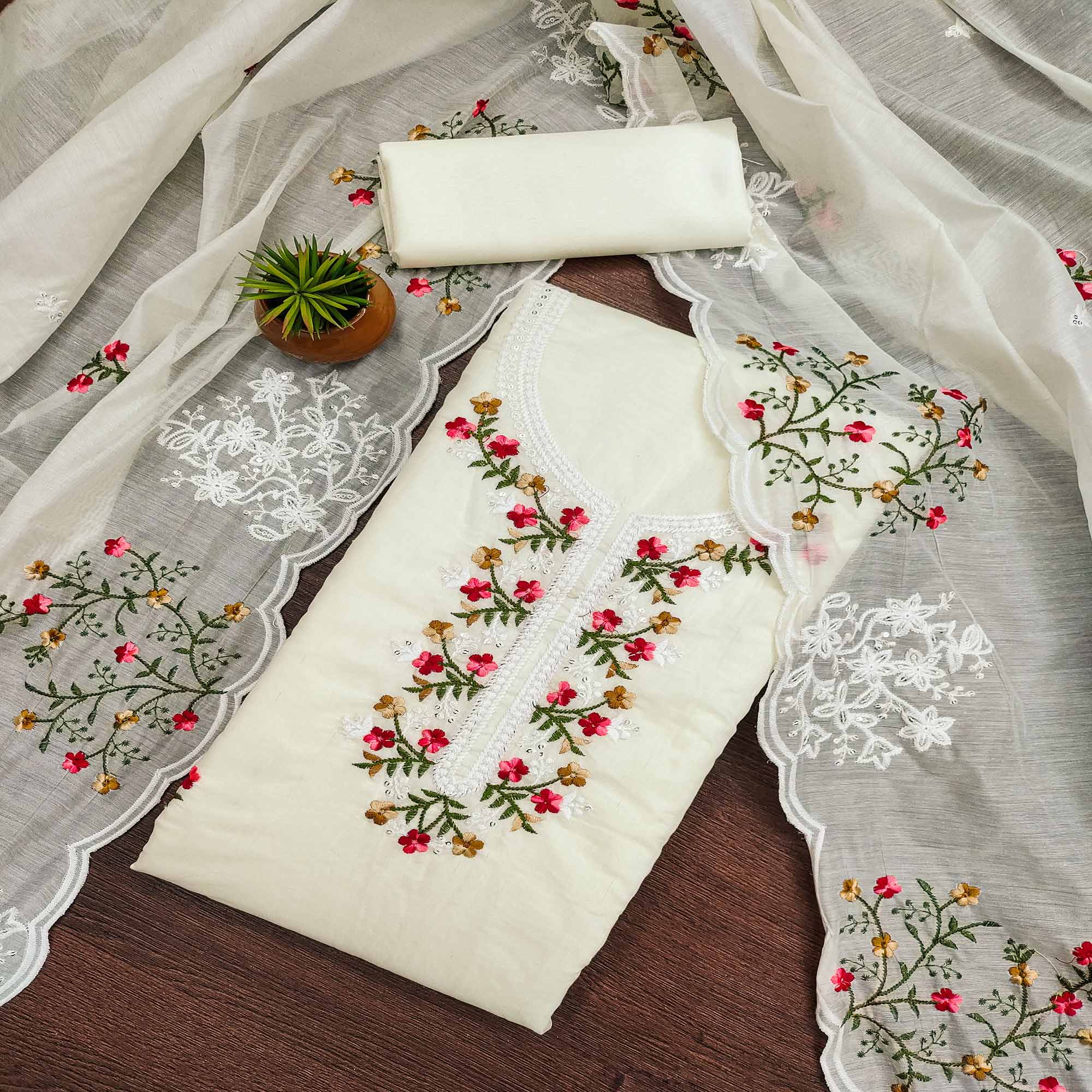 Cream Floral Embroidered Chanderi Cotton Dress Material