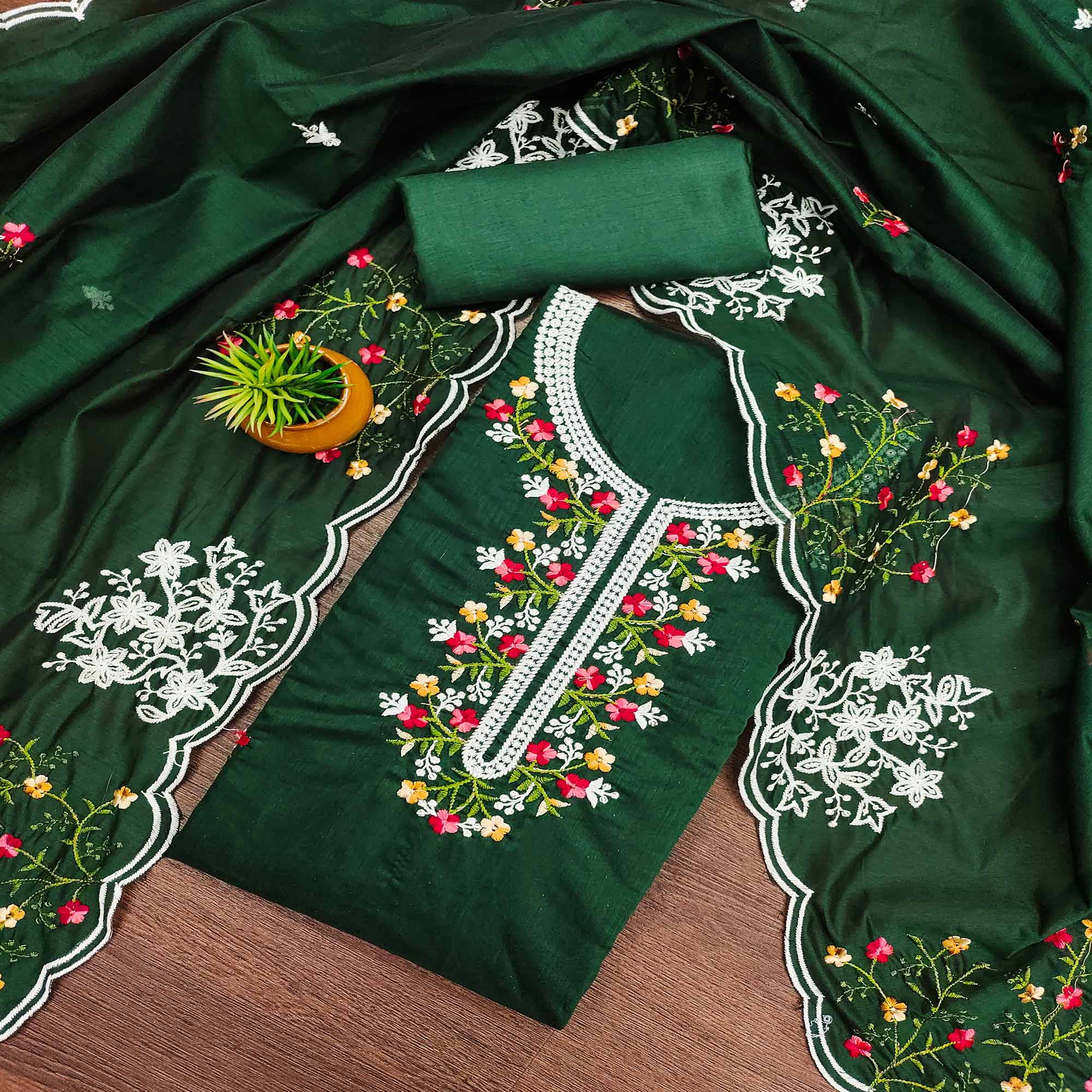 Green Floral Embroidered Chanderi Cotton Dress Material