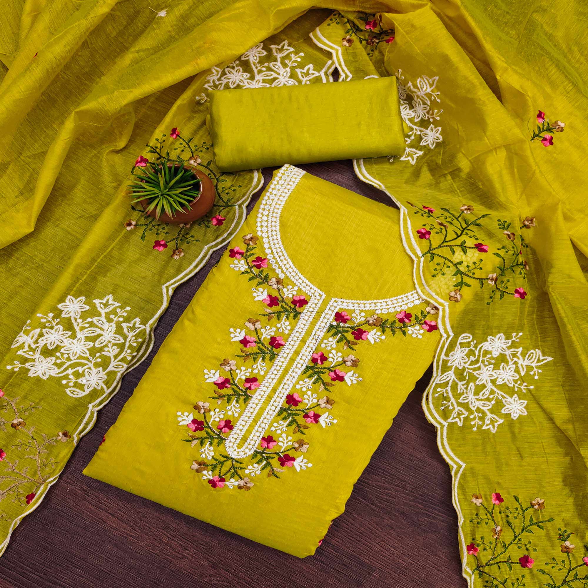 Lemon Green Floral Embroidered Chanderi Cotton Dress Material