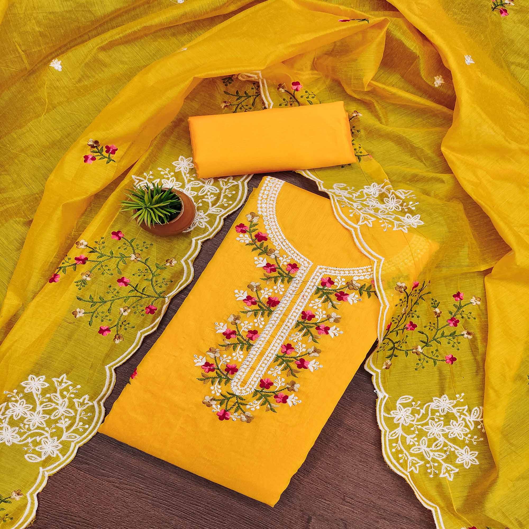 Mustard Floral Embroidered Chanderi Cotton Dress Material