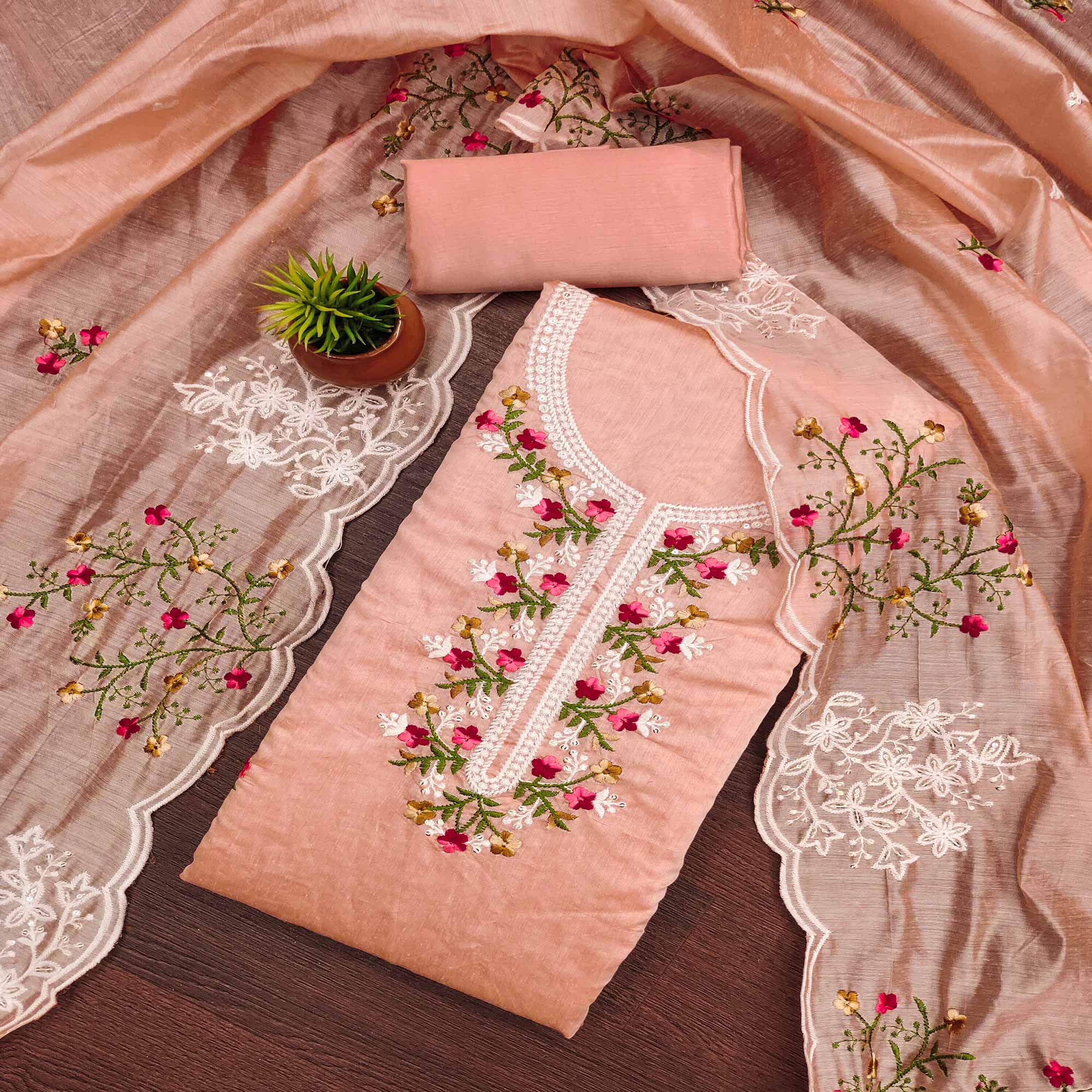 Peach Floral Embroidered Chanderi Cotton Dress Material