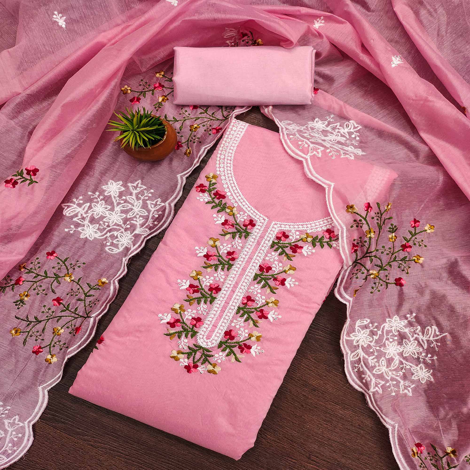 Pink Floral Embroidered Chanderi Cotton Dress Material