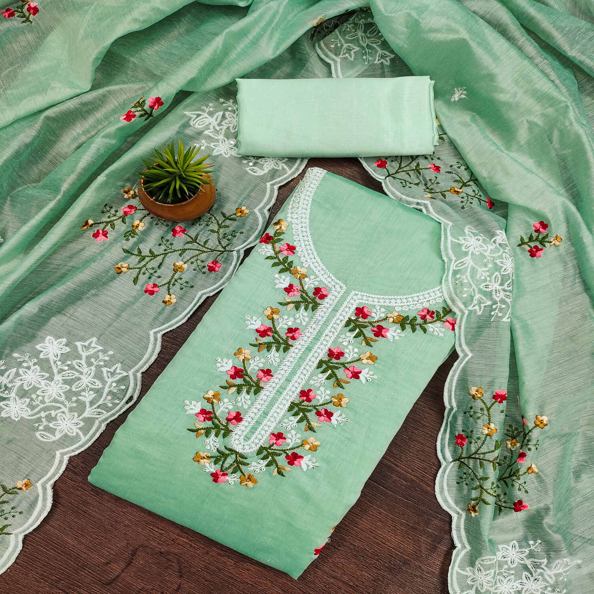 Sea Green Floral Embroidered Chanderi Cotton Dress Material