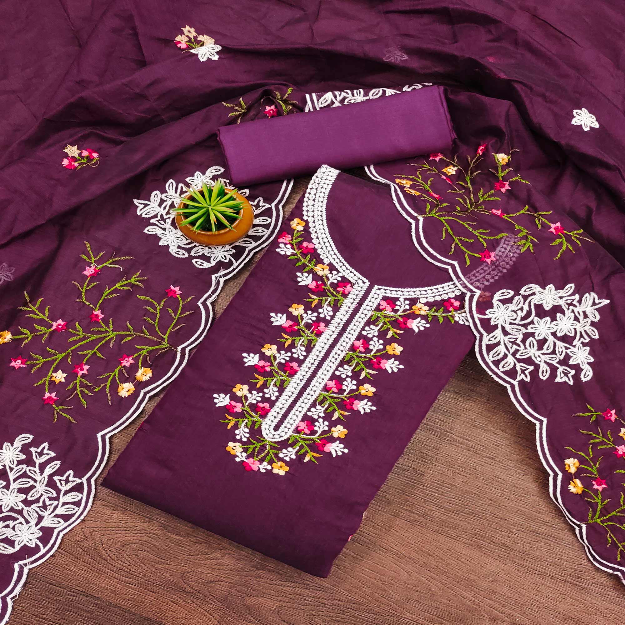 Wine Floral Embroidered Chanderi Cotton Dress Material