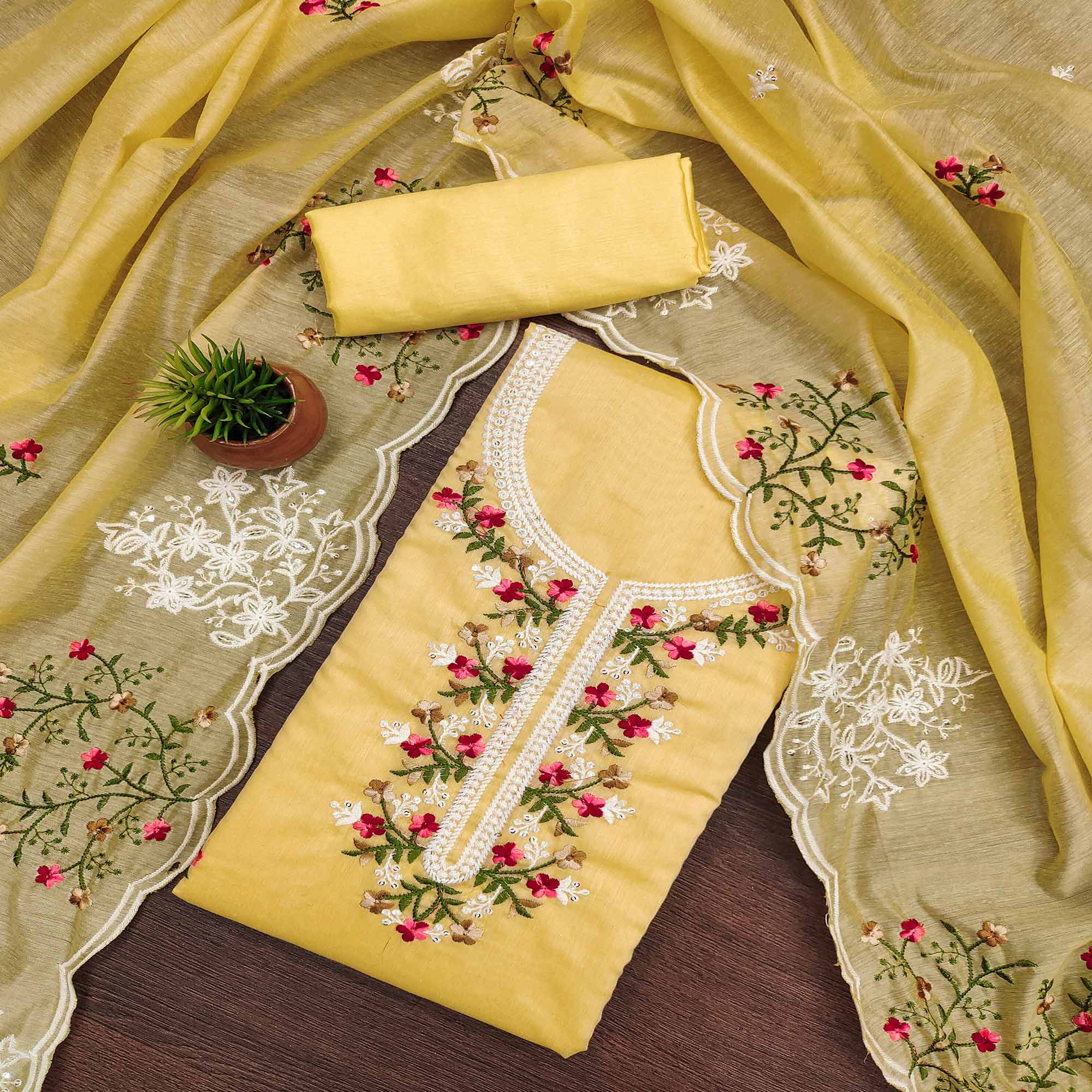 Yellow Floral Embroidered Chanderi Cotton Dress Material