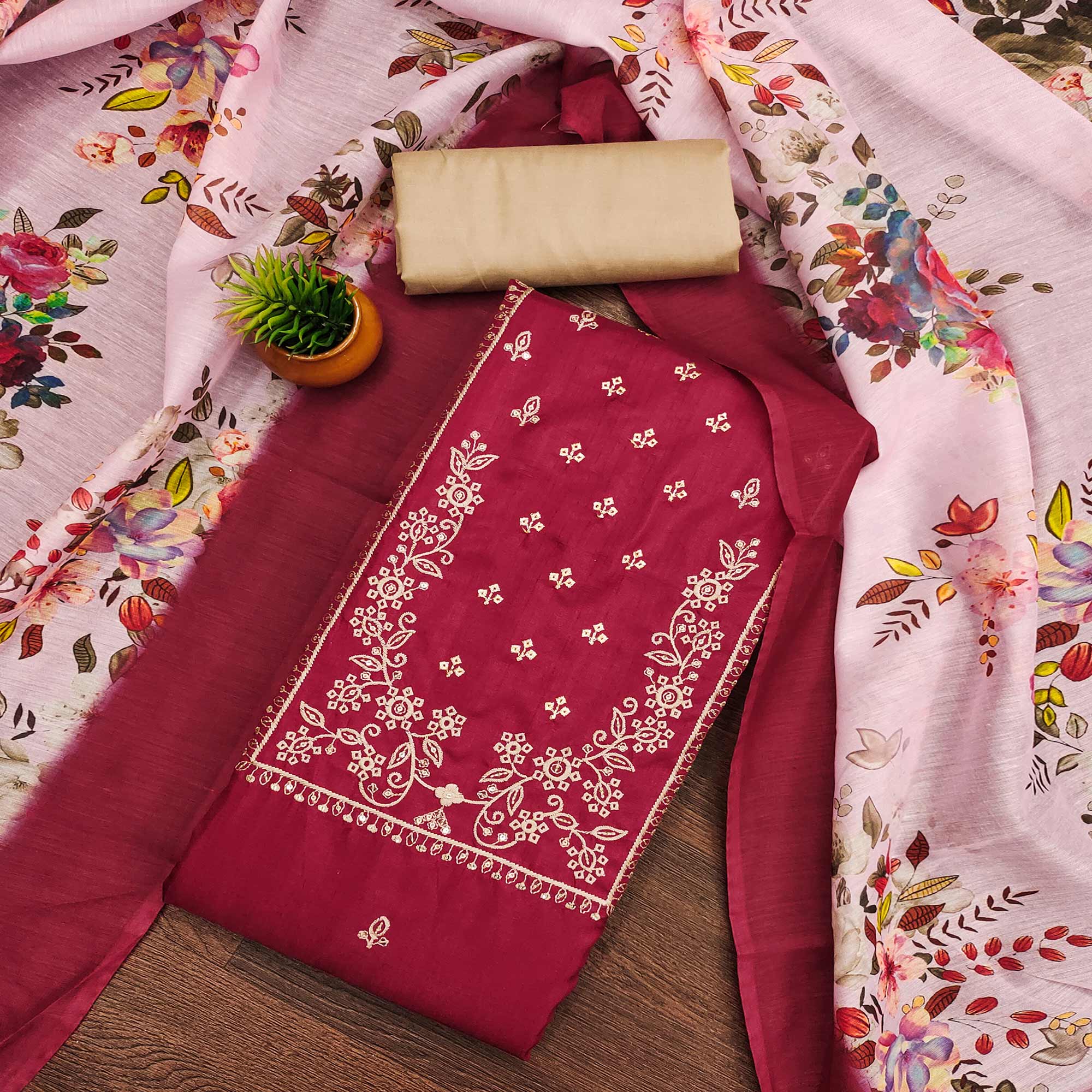 Maroon Floral Sequins Embroidered Cotton Blend Dress Material