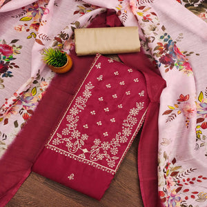 Maroon Floral Sequins Embroidered Cotton Blend Dress Material