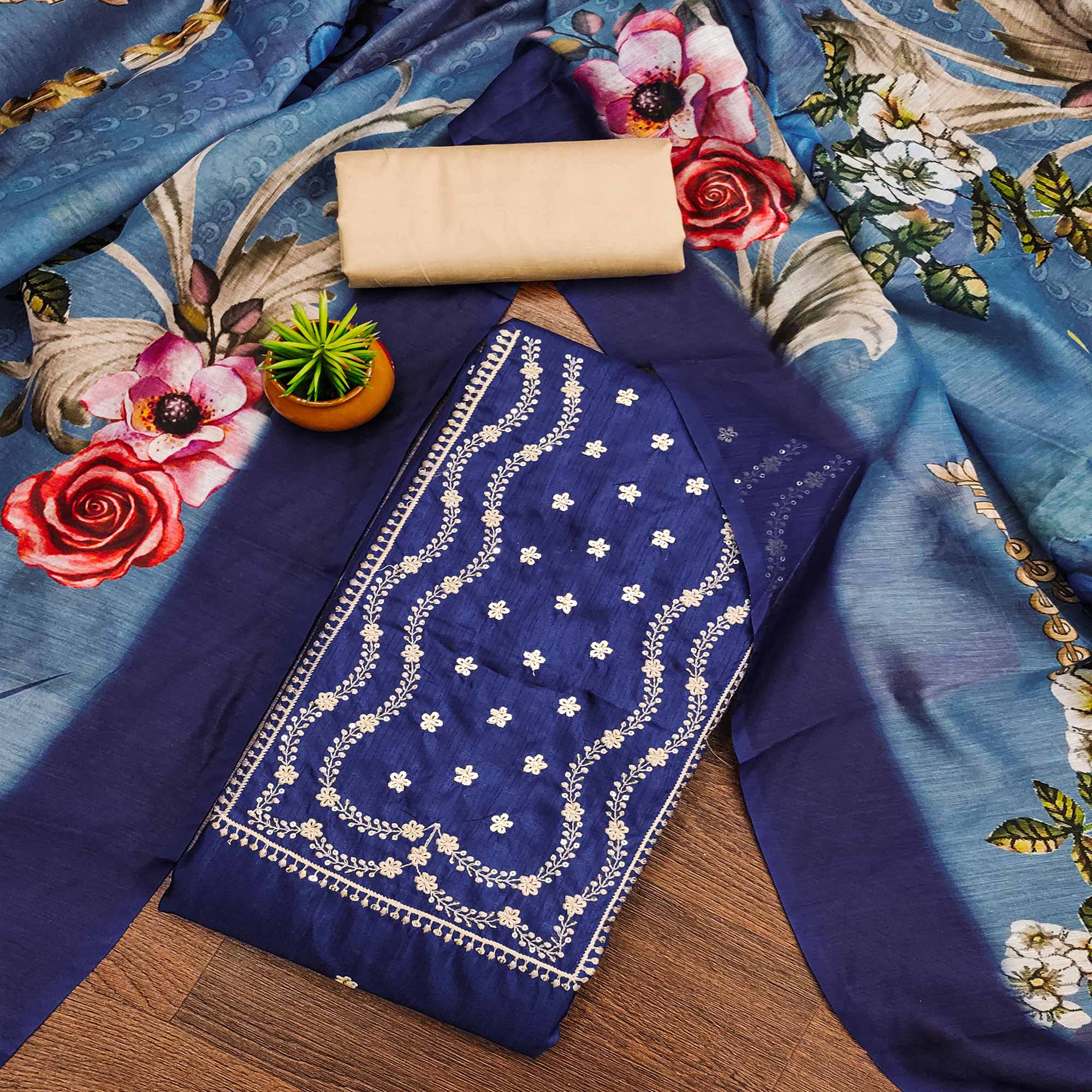 Blue Floral Sequins Embroidered Cotton Blend Dress Material