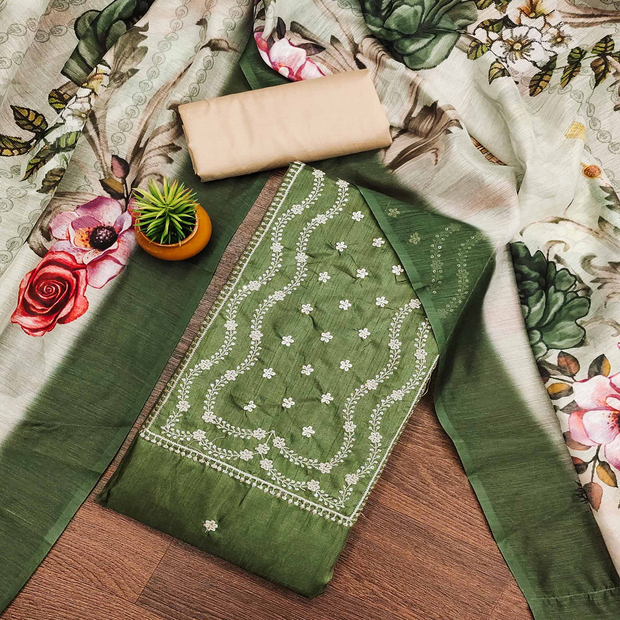 Green Floral Sequins Embroidered Cotton Blend Dress Material