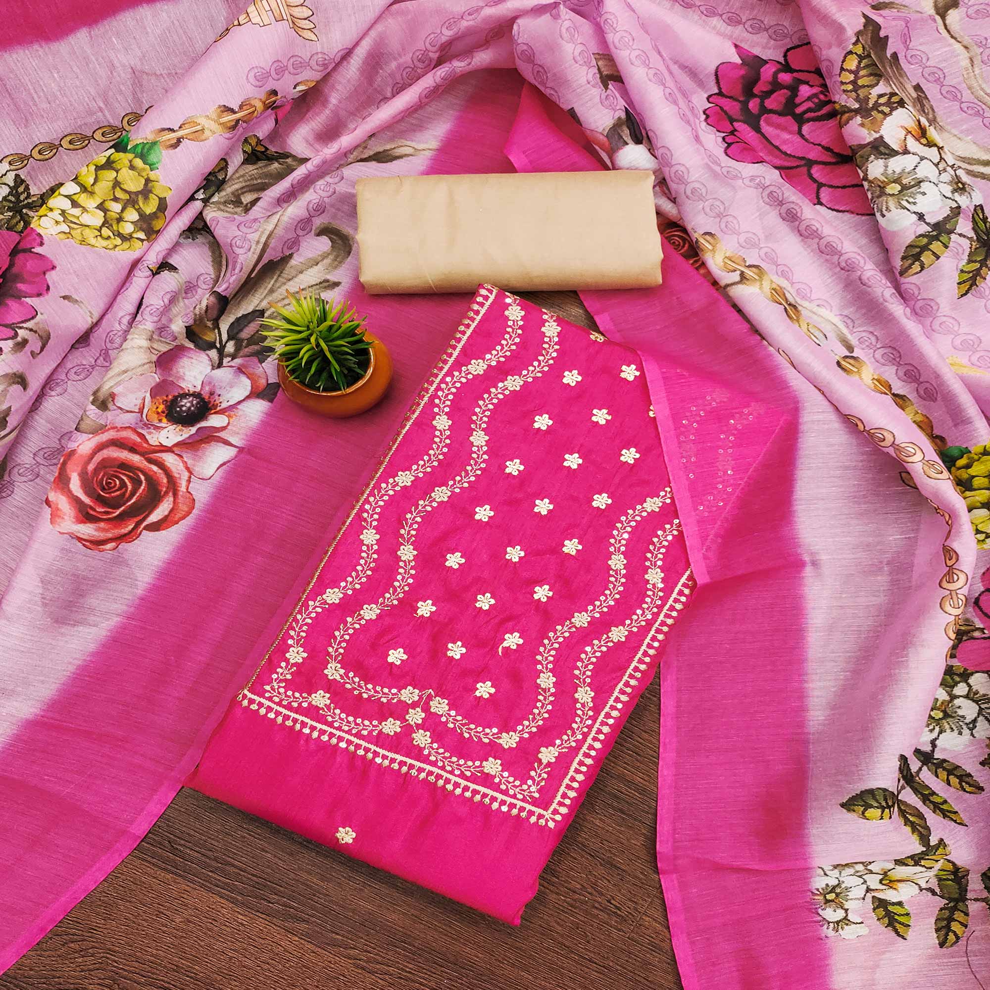 Pink Floral Sequins Embroidered Cotton Blend Dress Material