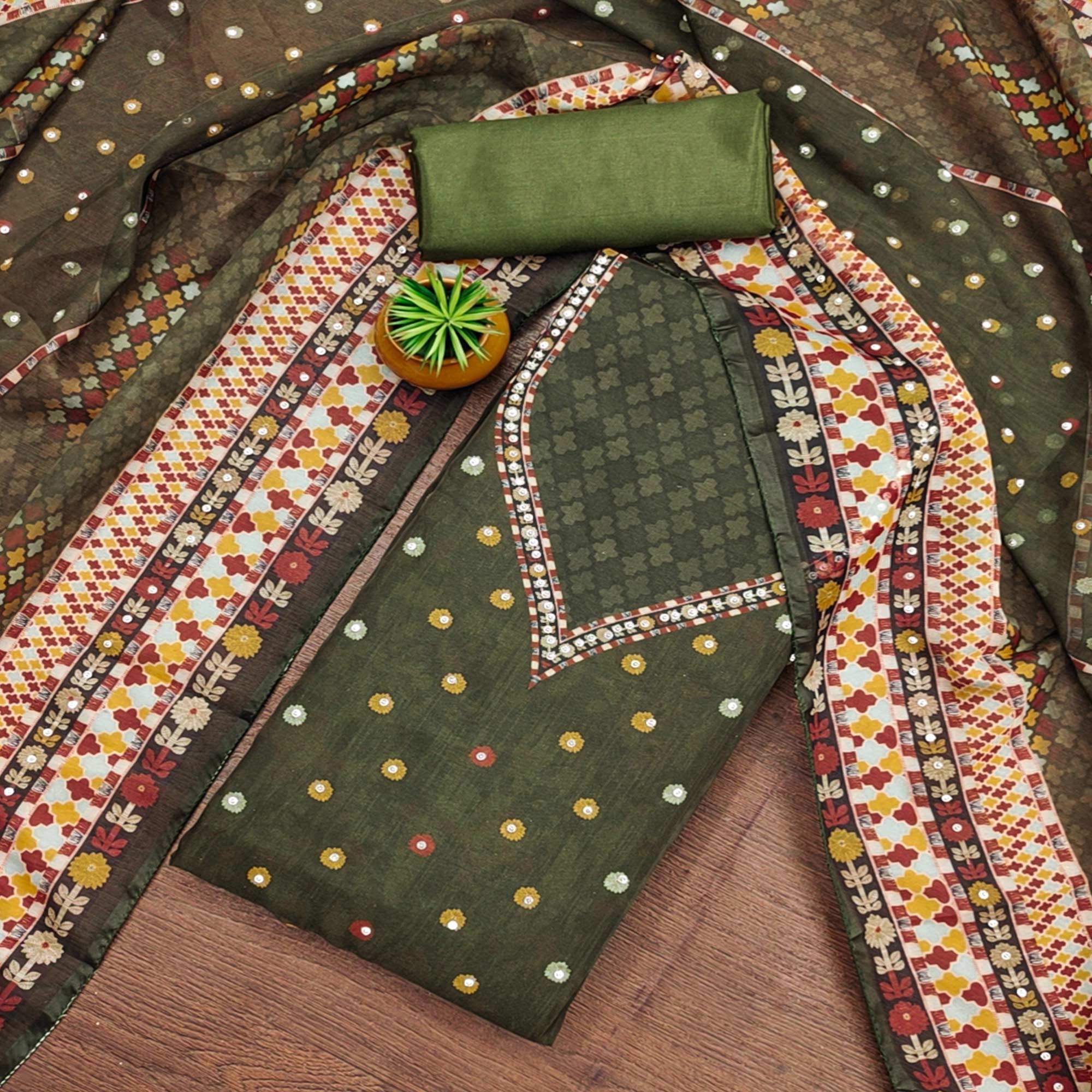 Mehendi Green Floral Digital Printed With Diamond Work Organza Dress Material