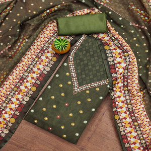 Mehendi Green Floral Digital Printed With Diamond Work Organza Dress Material