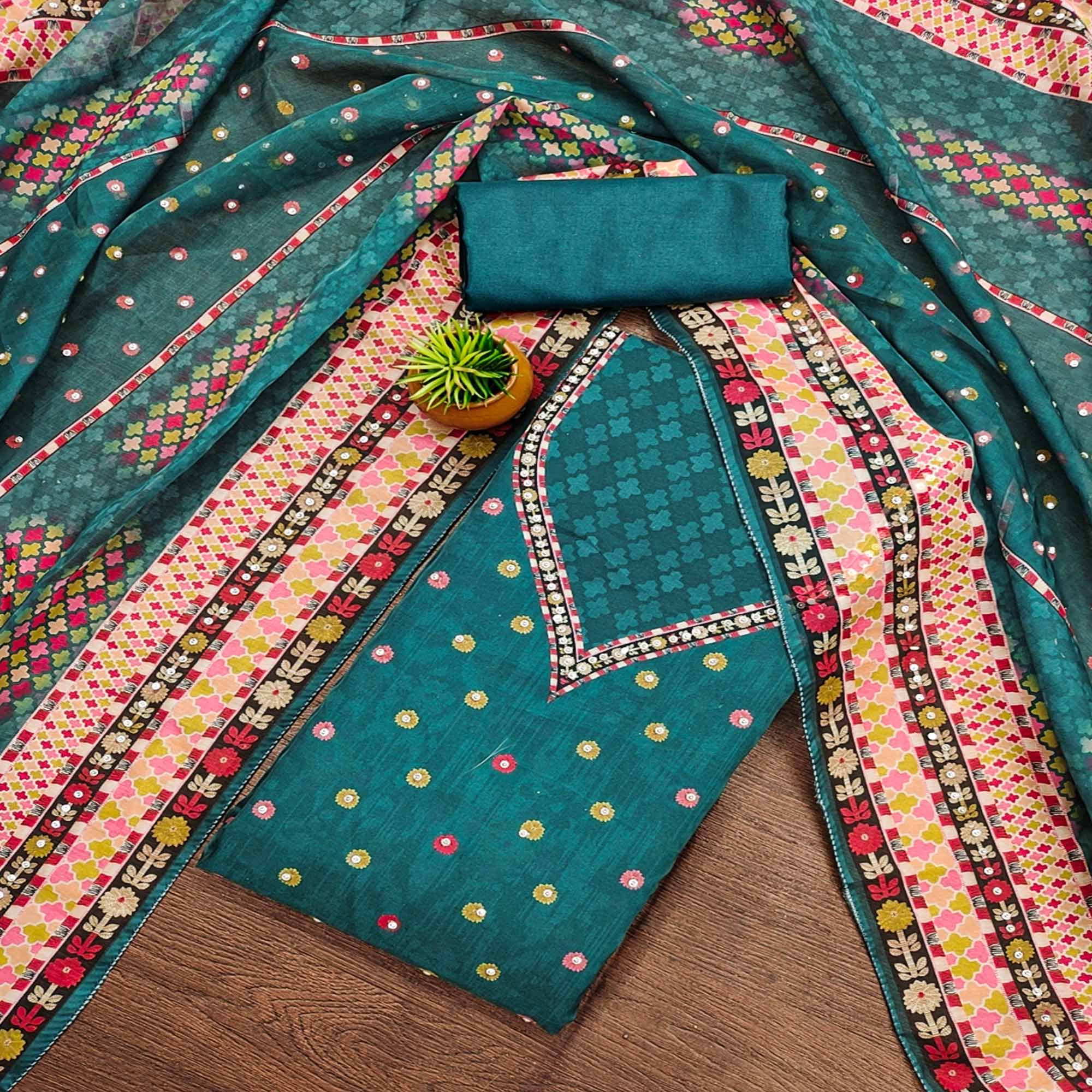 Teal Floral Digital Printed With Diamond Work Organza Dress Material