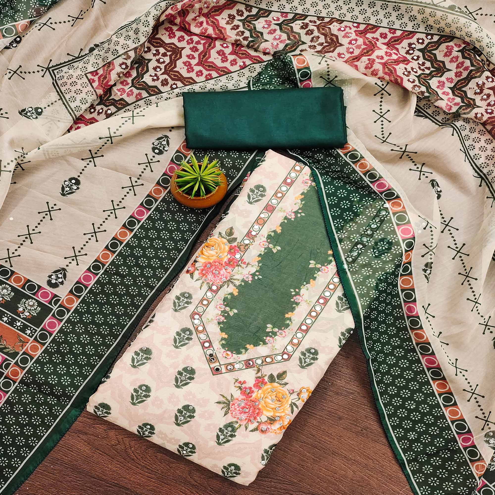 Green Floral Digital Print With Diamond & Mirror Work Organza Dress Material