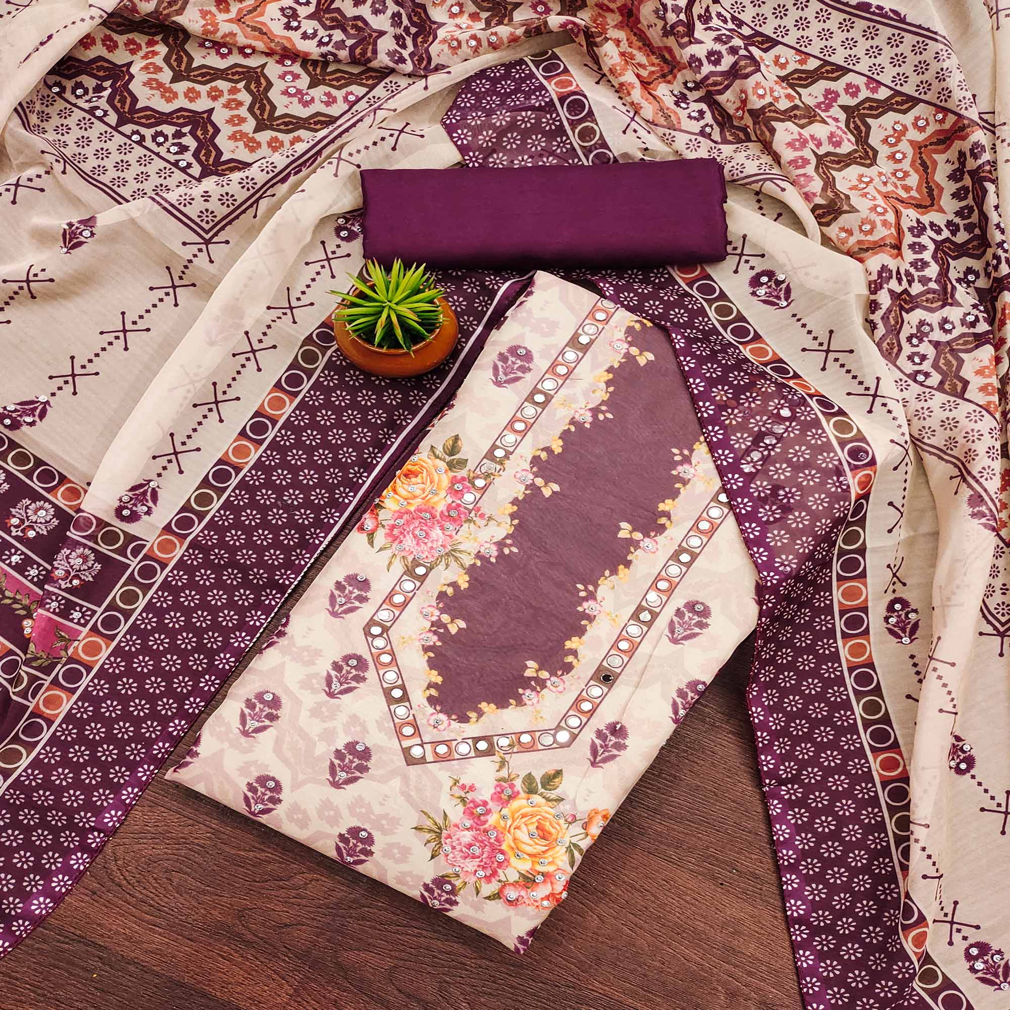 Purple Floral Digital Print With Diamond & Mirror Work Organza Dress Material