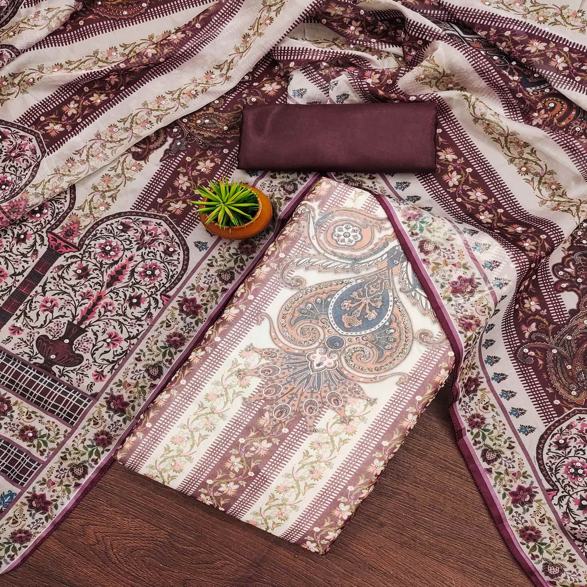 Dark Wine Floral Digital Printed With Diamond Work Organza Dress Material