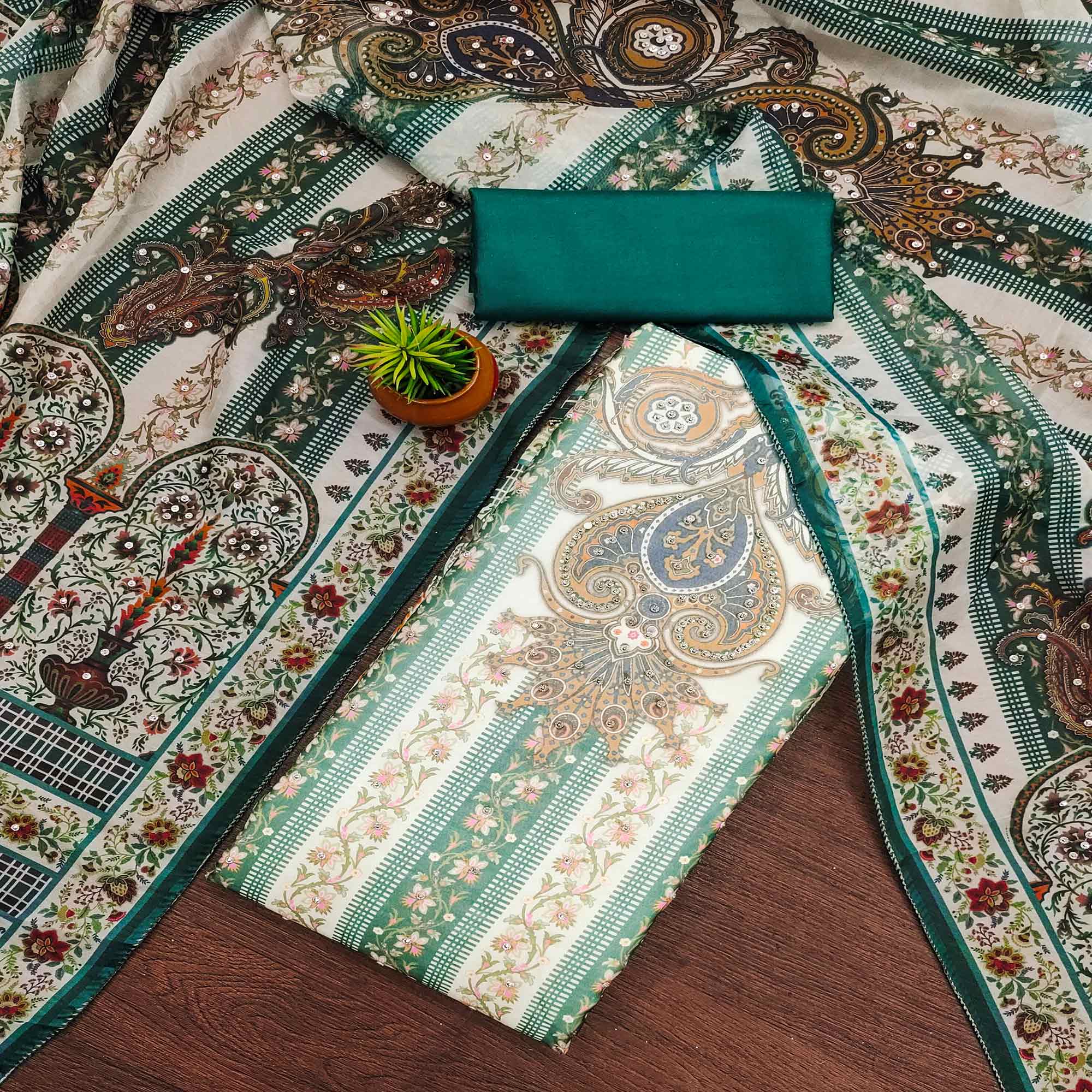 Green Floral Digital Printed With Diamond Work Organza Dress Material