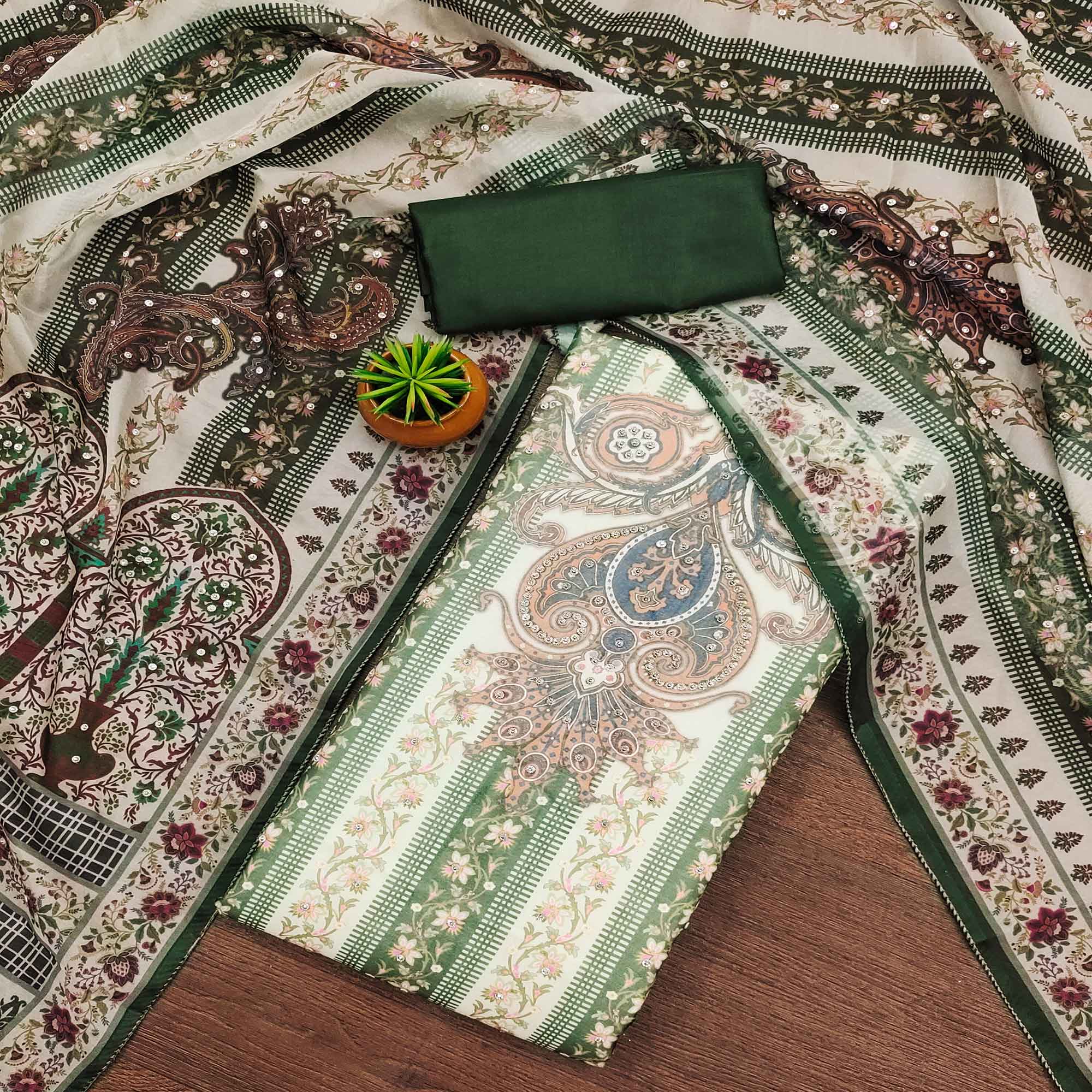 Mehendi Green Floral Digital Printed With Diamond Work Organza Dress Material