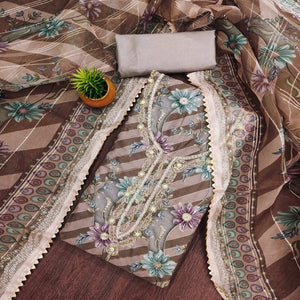 Brown Floral Sequins Embroidered Organza Dress Material With Exquisite Handwork