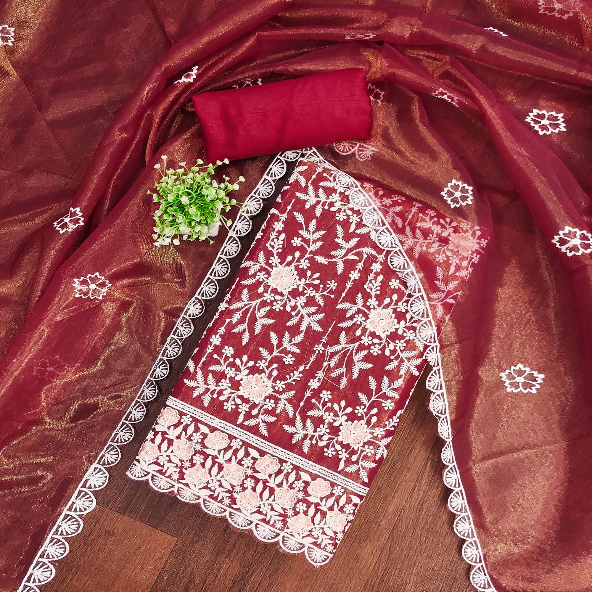 Sophisticated Maroon Organza Dress Material Adorned with Intricate Floral Embroidery