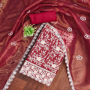 Sophisticated Maroon Organza Dress Material Adorned with Intricate Floral Embroidery