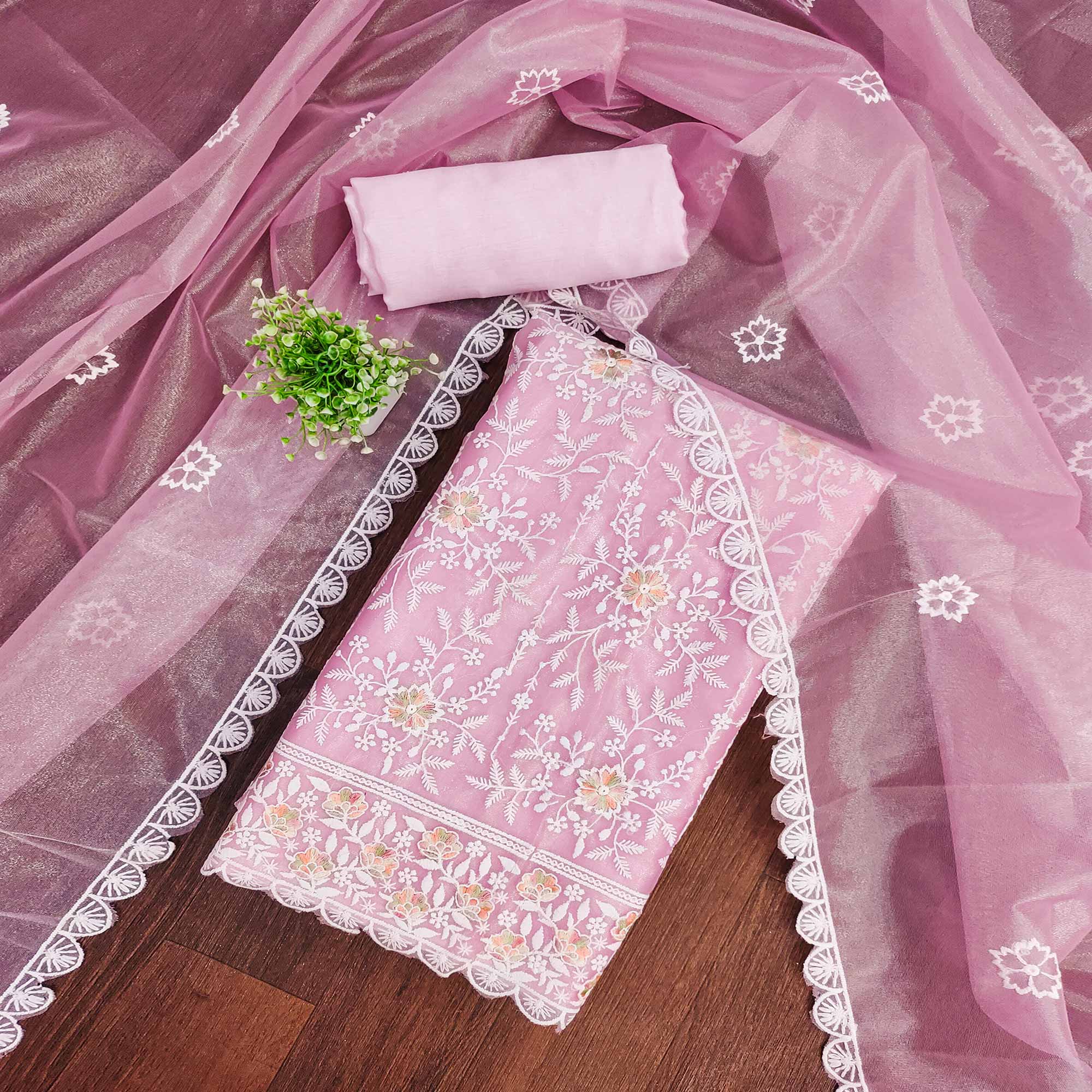 Elegant Pink Organza Dress Material Adorned with Intricate Floral Embroidery