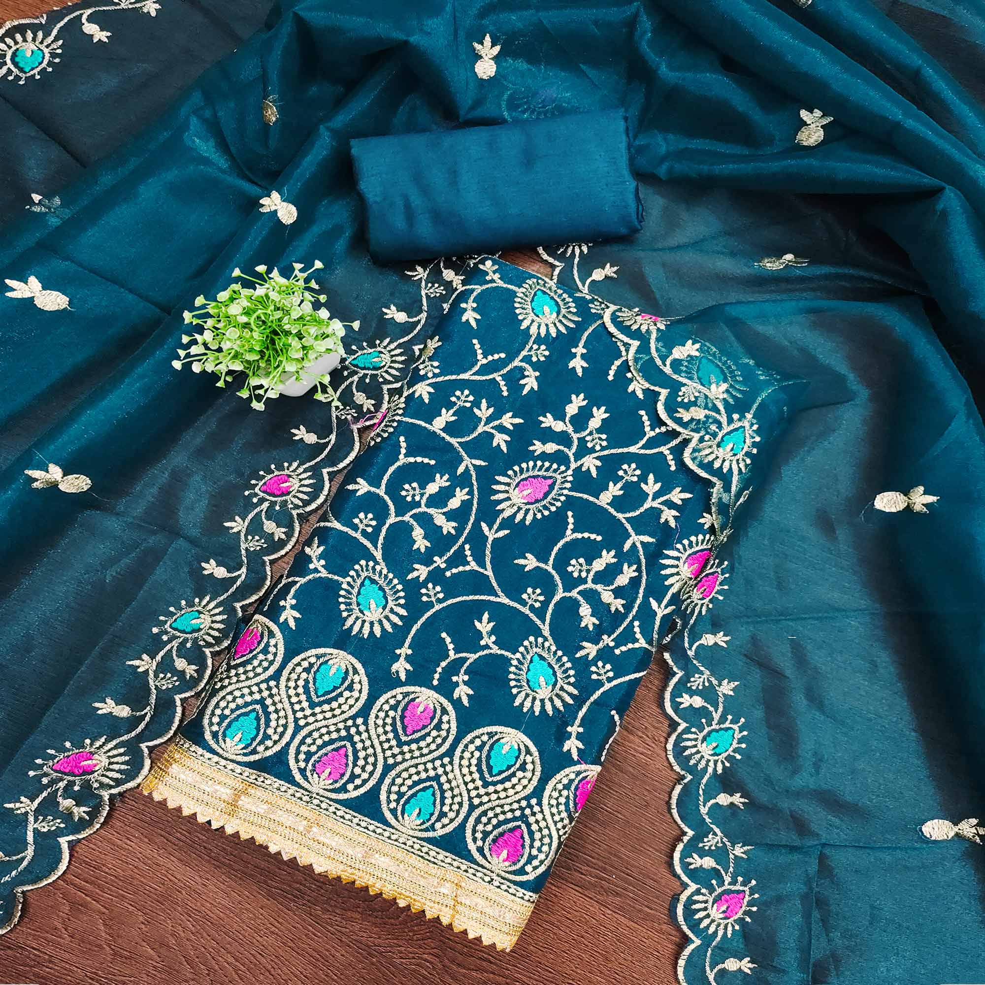 Dazzling Morpich Organza Dress Material with Exquisite Floral Thread & Zari Embroidery