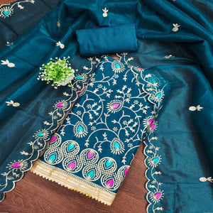 Dazzling Morpich Organza Dress Material with Exquisite Floral Thread & Zari Embroidery