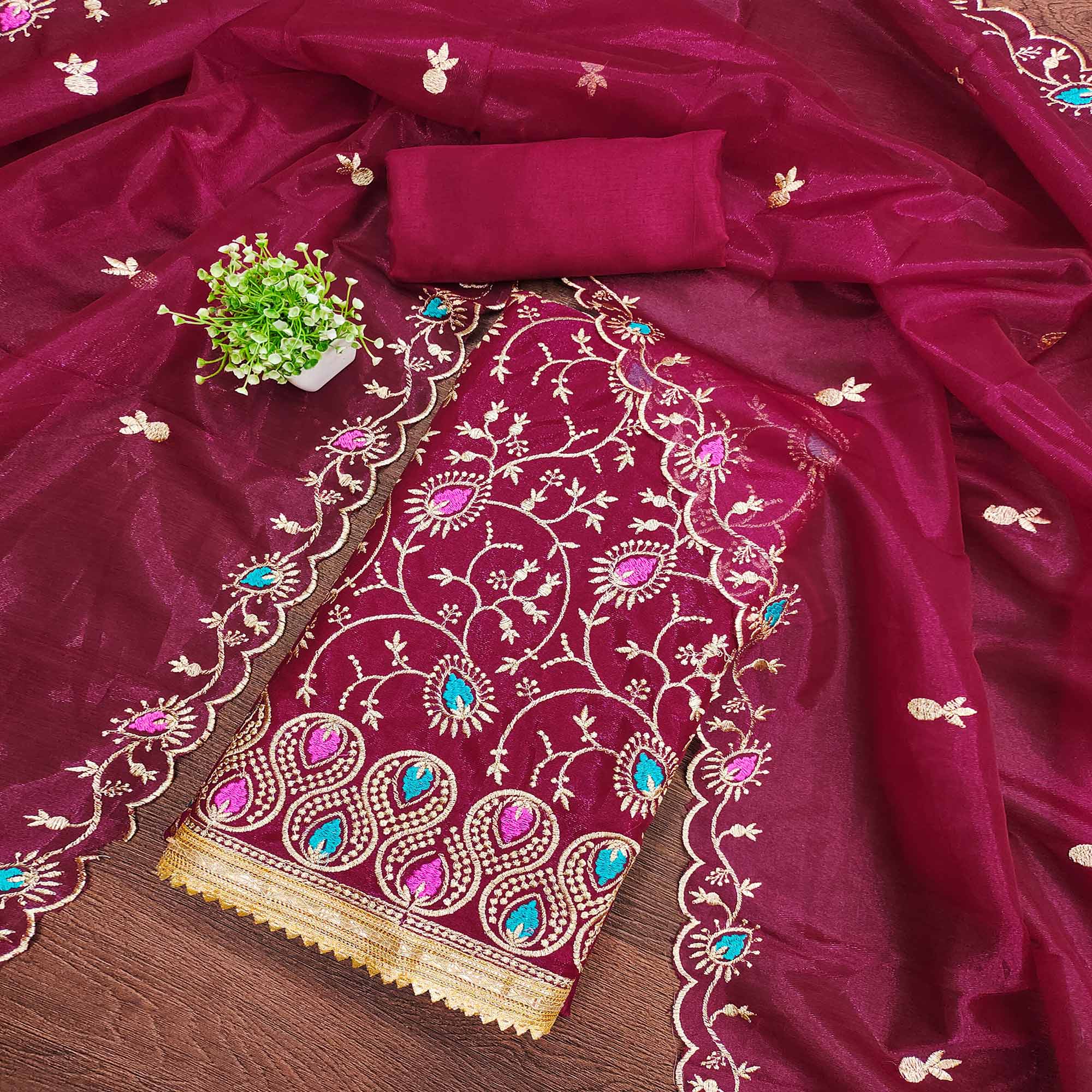 Refreshing Rani Pink Organza Dress Material with Exquisite Floral Thread & Zari Embroidery