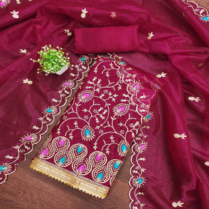 Refreshing Rani Pink Organza Dress Material with Exquisite Floral Thread & Zari Embroidery